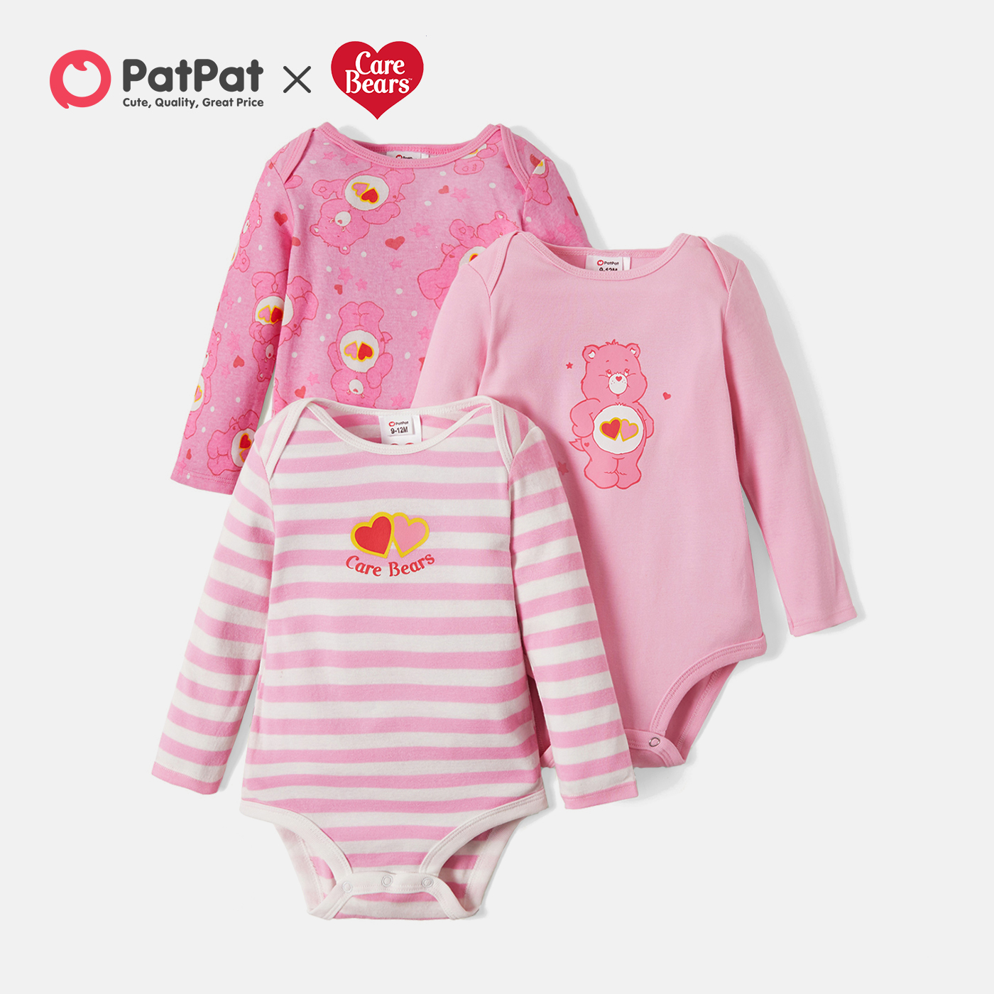 

Care Bears 100% Cotton 3-pack Baby Girl Rompers