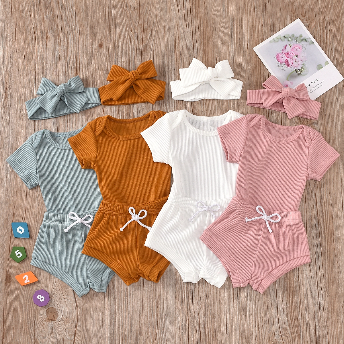 

Ribbed 3pcs Solid Short-sleeve Baby Set