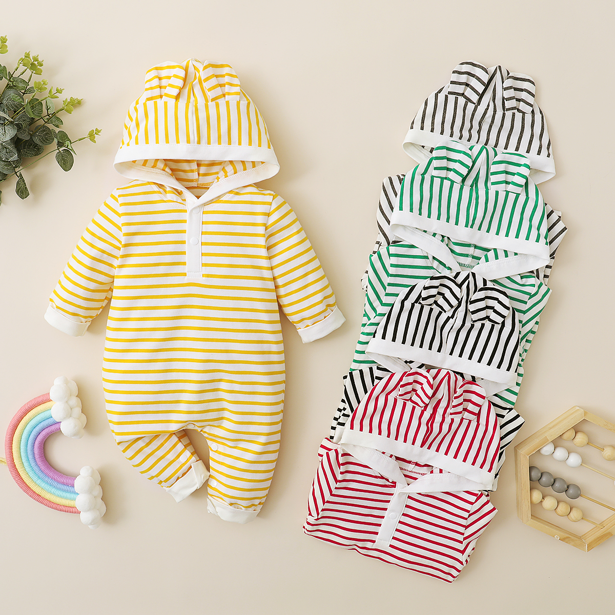 

Striped Hooded 3D Ear Design Long-sleeve Baby Jumpsuit