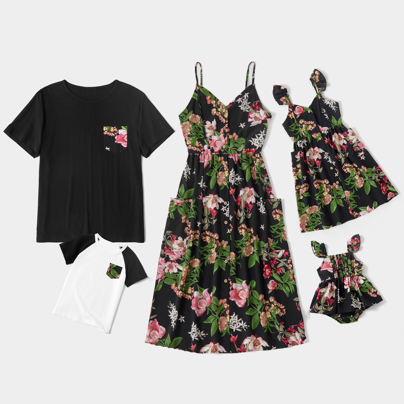 

Floral Print Family Matching Sets(Front Buttons Sling Dresses with Pockets for Mom and Girl ; Short Sleeve T-shirts for Dad and Boy)