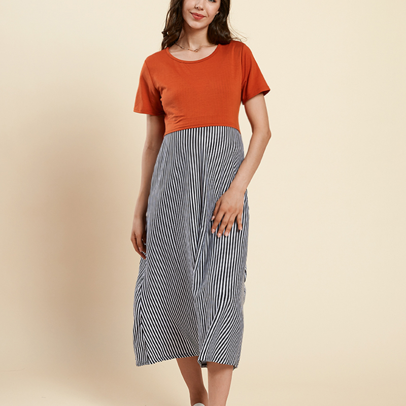 

Nursing casual Color Block Print Round collar H Short-sleeve Nursing Dress