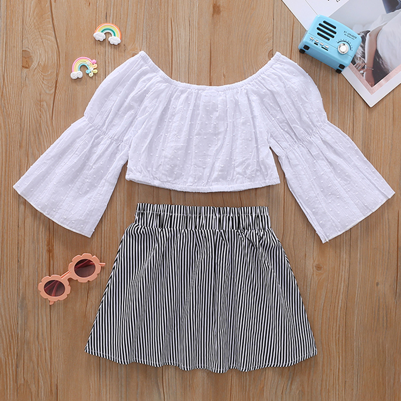 

2-piece Toddler Girl White Off Shoulder Bell sleeves Crop Top and Striped Skirt Set