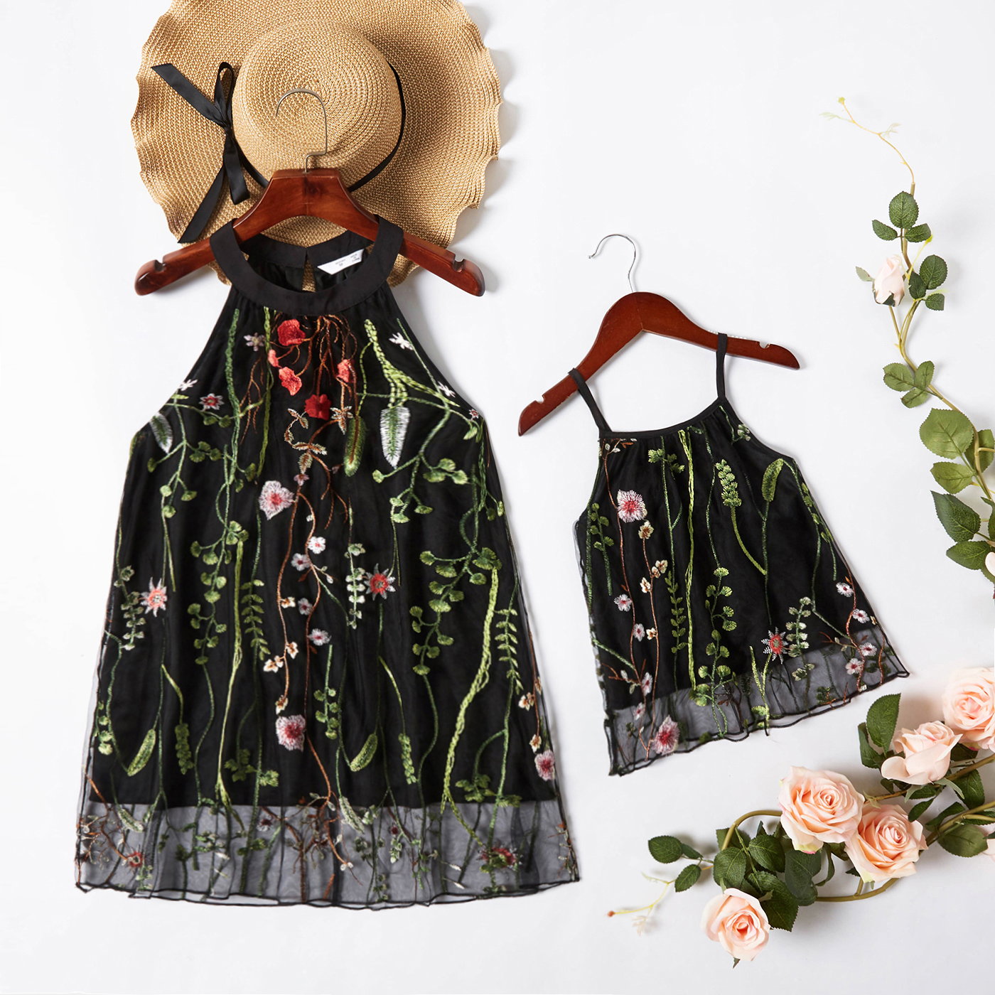 

Floral Embroidered Print Black Sleeveless Tops for Mom and Me