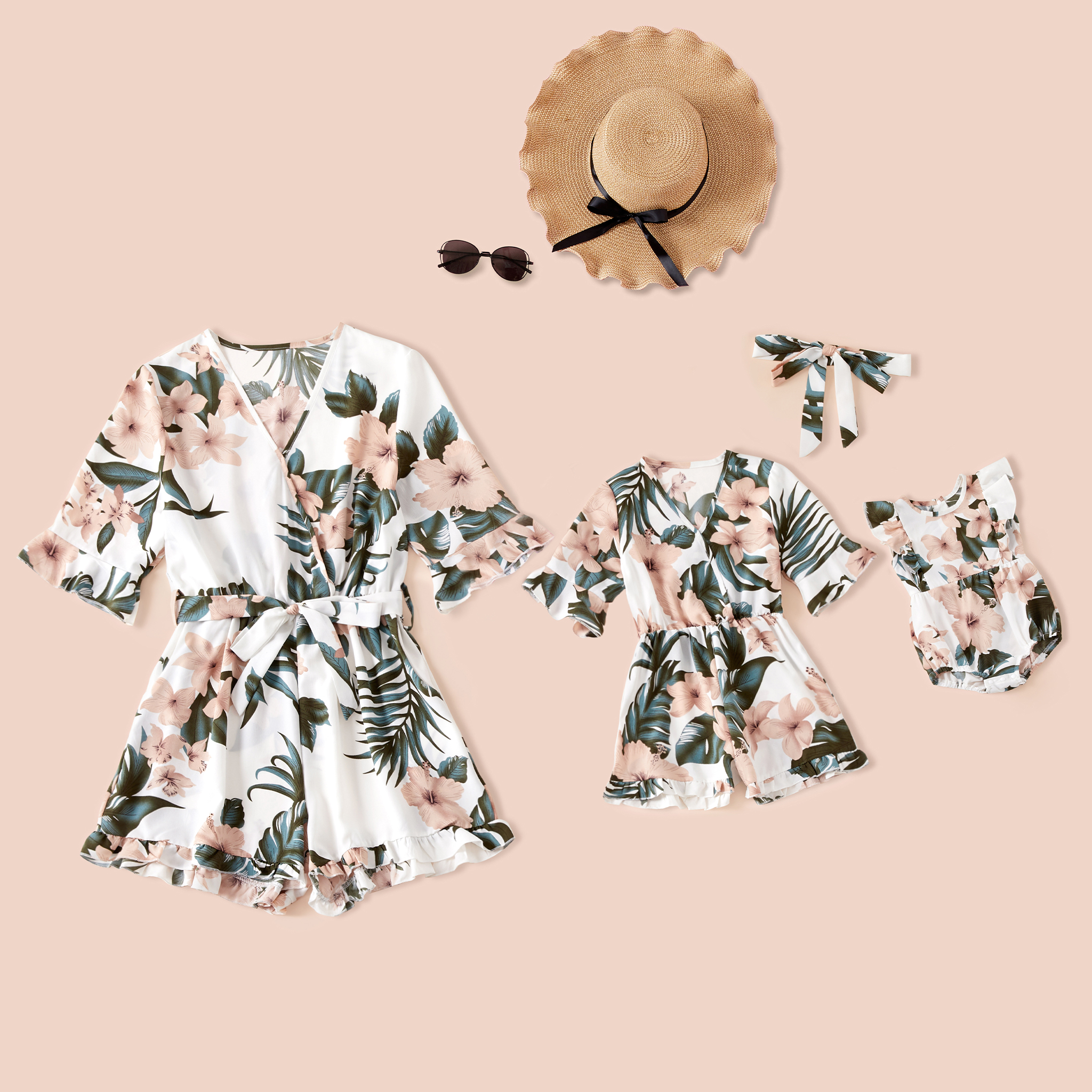 

Floral Print 1/2 Sleeve Shorts Rompers for Mommy and Me