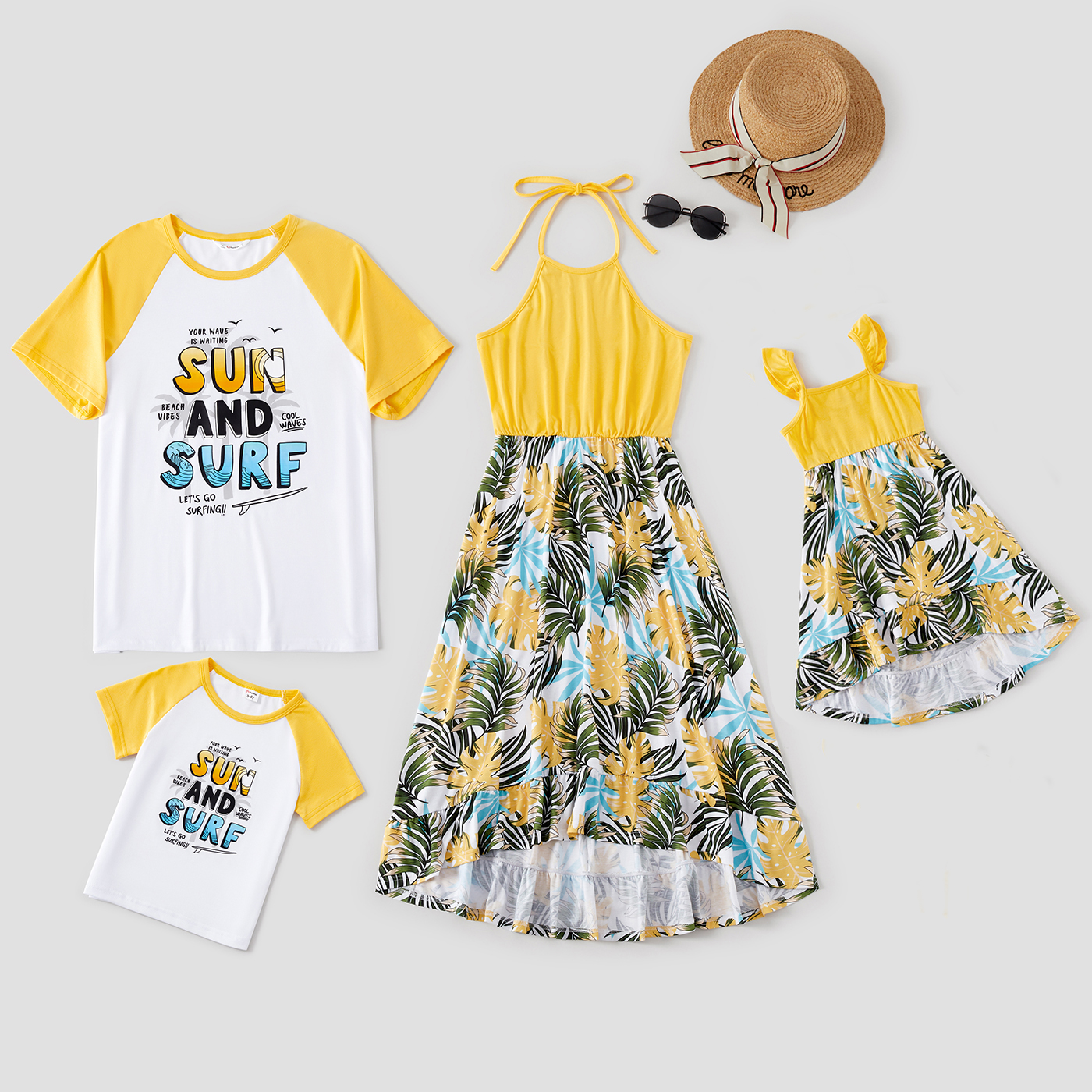 

Mosaic Floral Letter Print Family Matching Yellow Sets