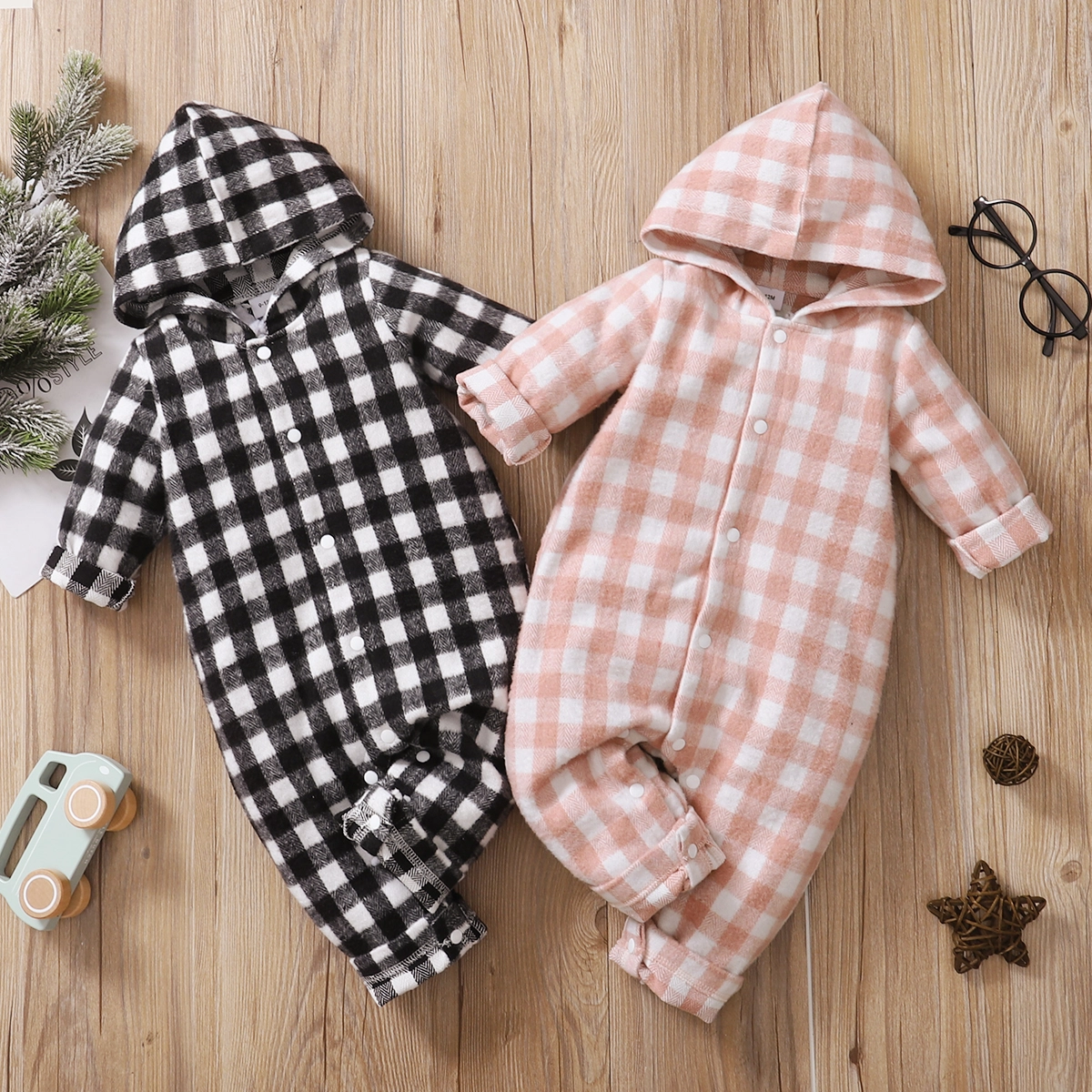 

Plaid Print Hooded Long-sleeve Baby Jumpsuit