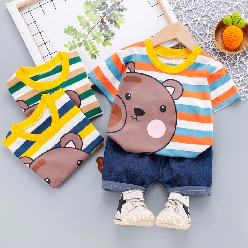 

2pcs Stripe and Bear Print Color Block Short-sleeve Baby Set