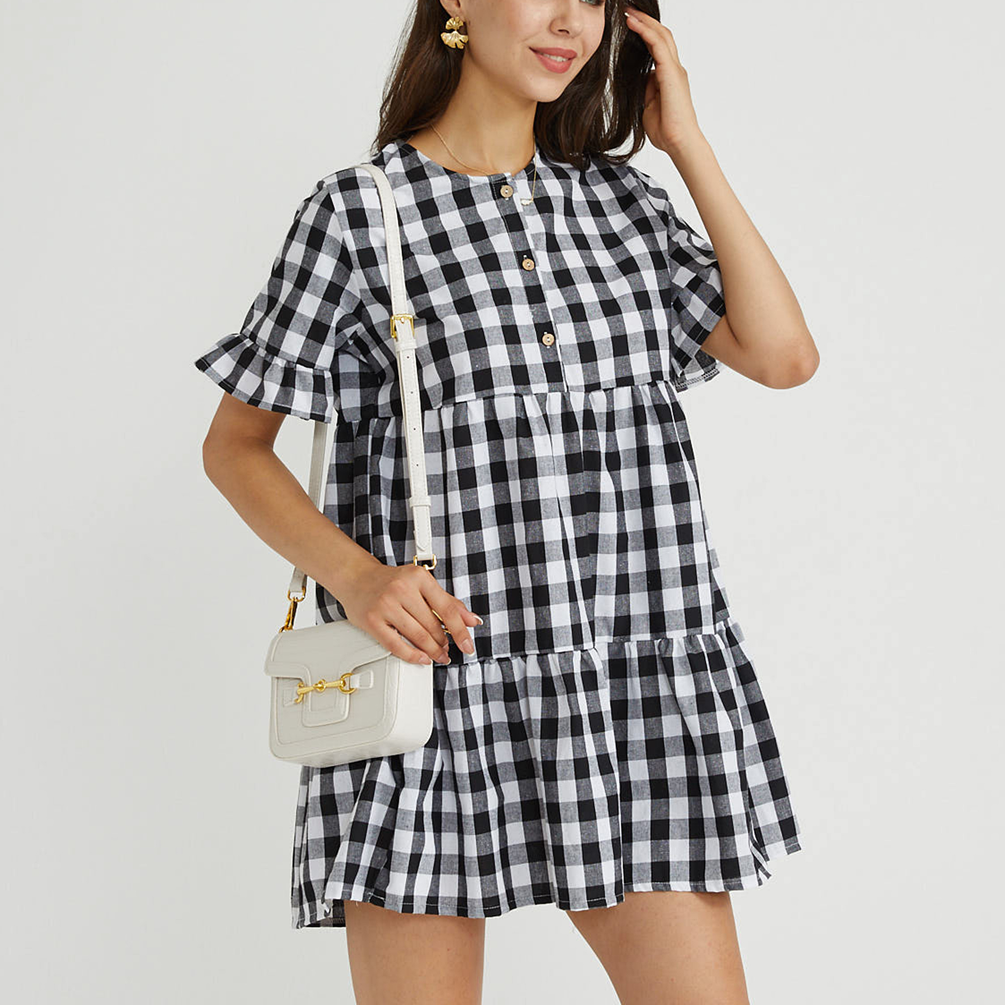 

Sweet Plaid Print Round collar H Midi Dress
