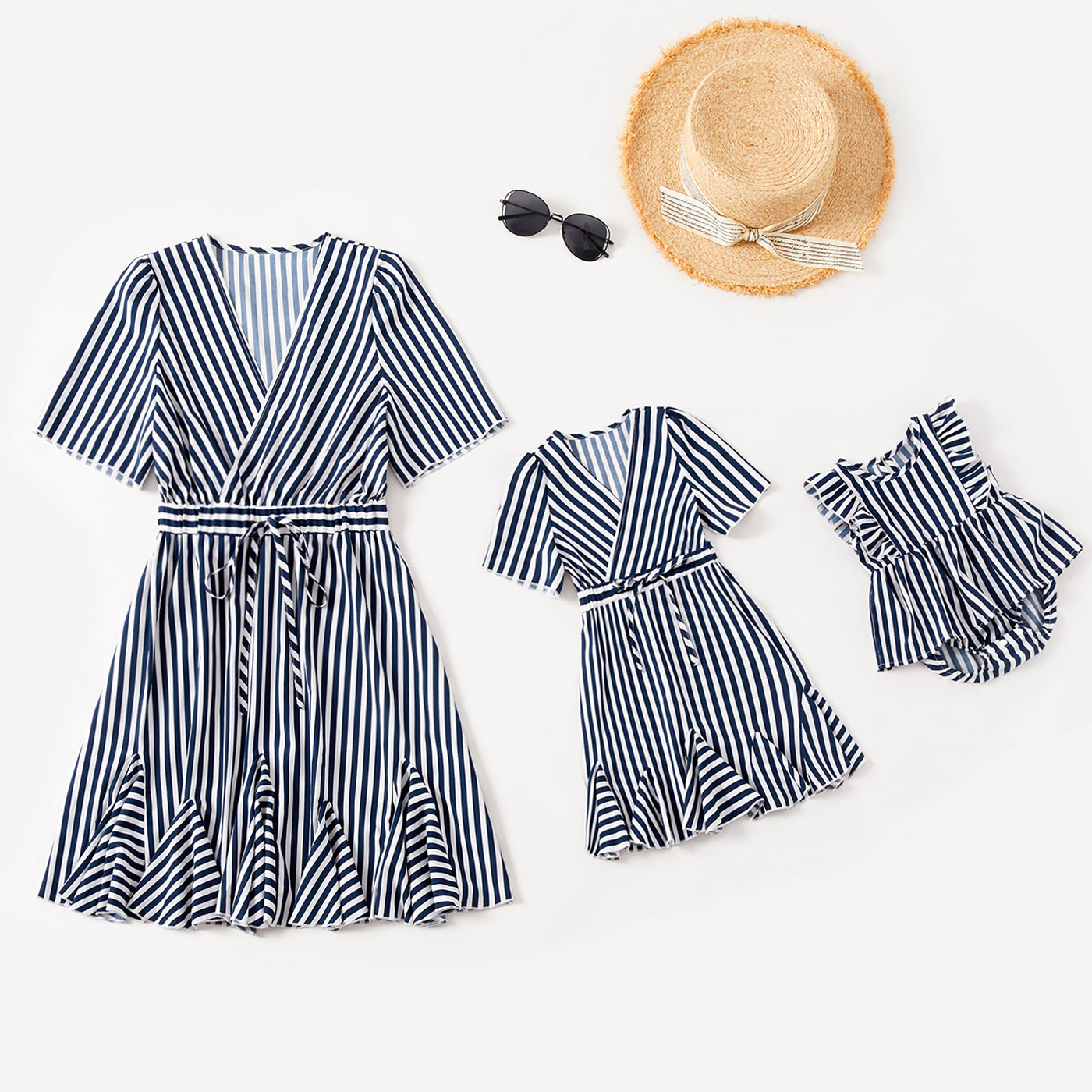 

Blue and White Stripe V-neck Dresses for Mommy and Me