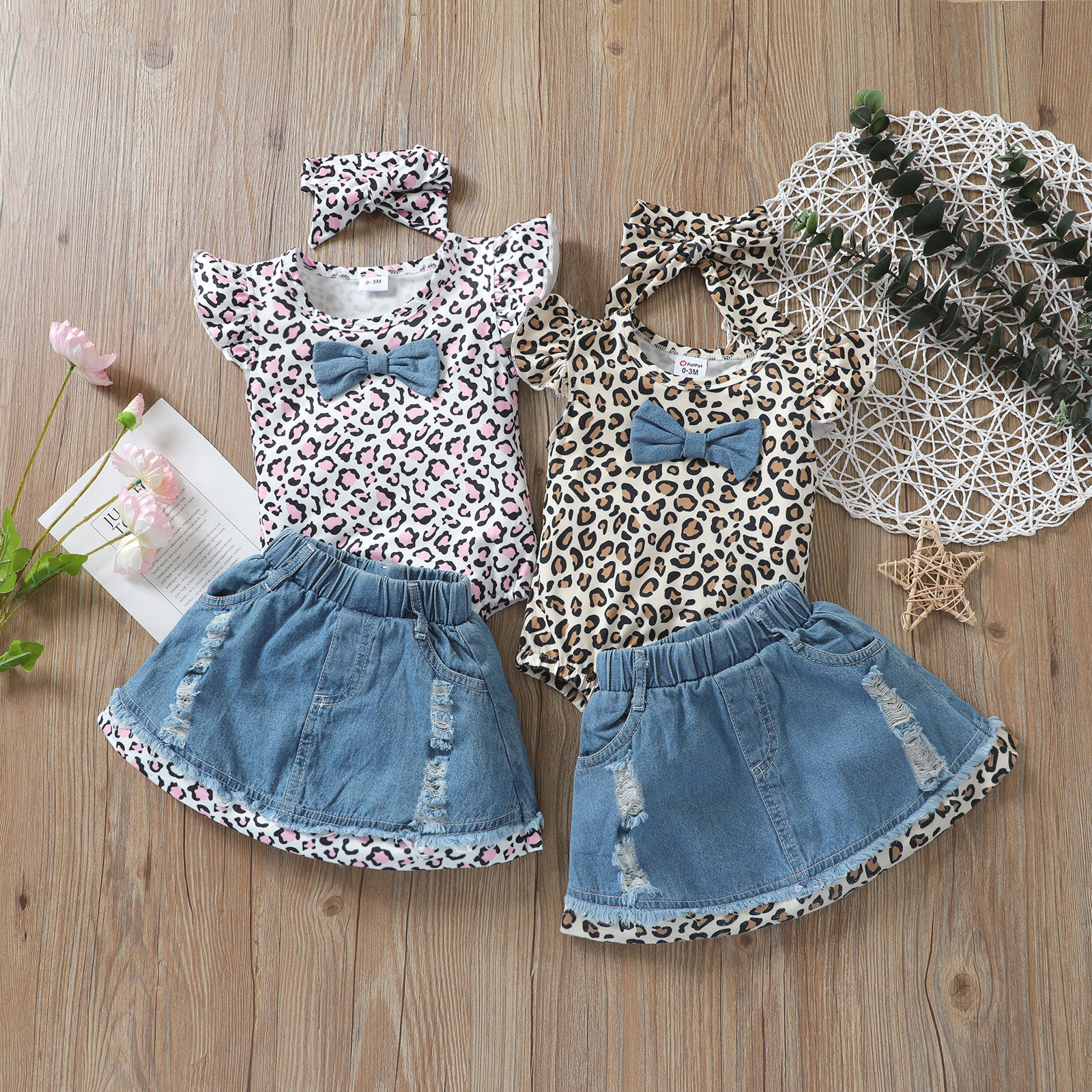 

3pcs Leopard Print Bowknot Decor Flutter-sleeve Baby Set