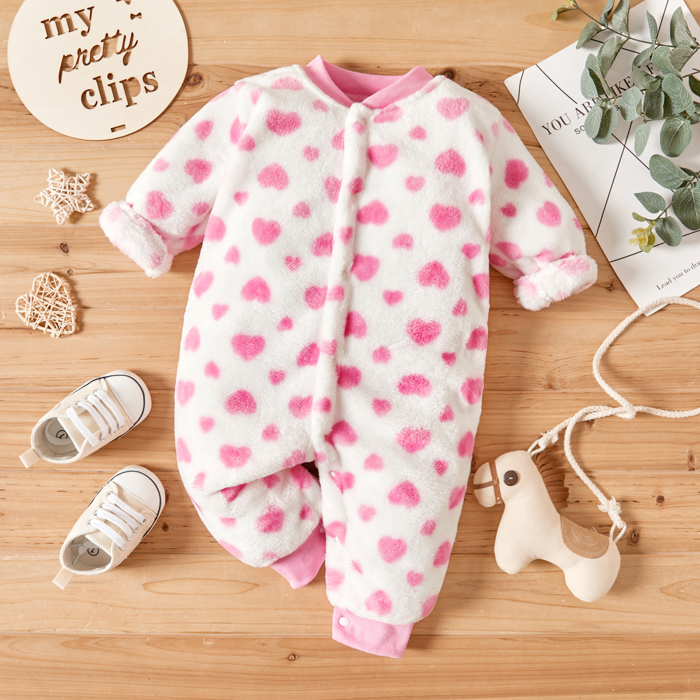 

Heart Allover Fleece Long-sleeve Pink Baby Jumpsuit