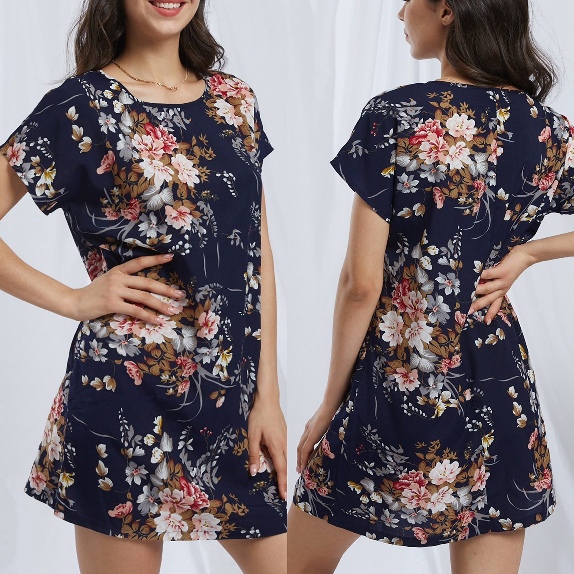 

Elegant Floral Print Round collar H Midi Dress