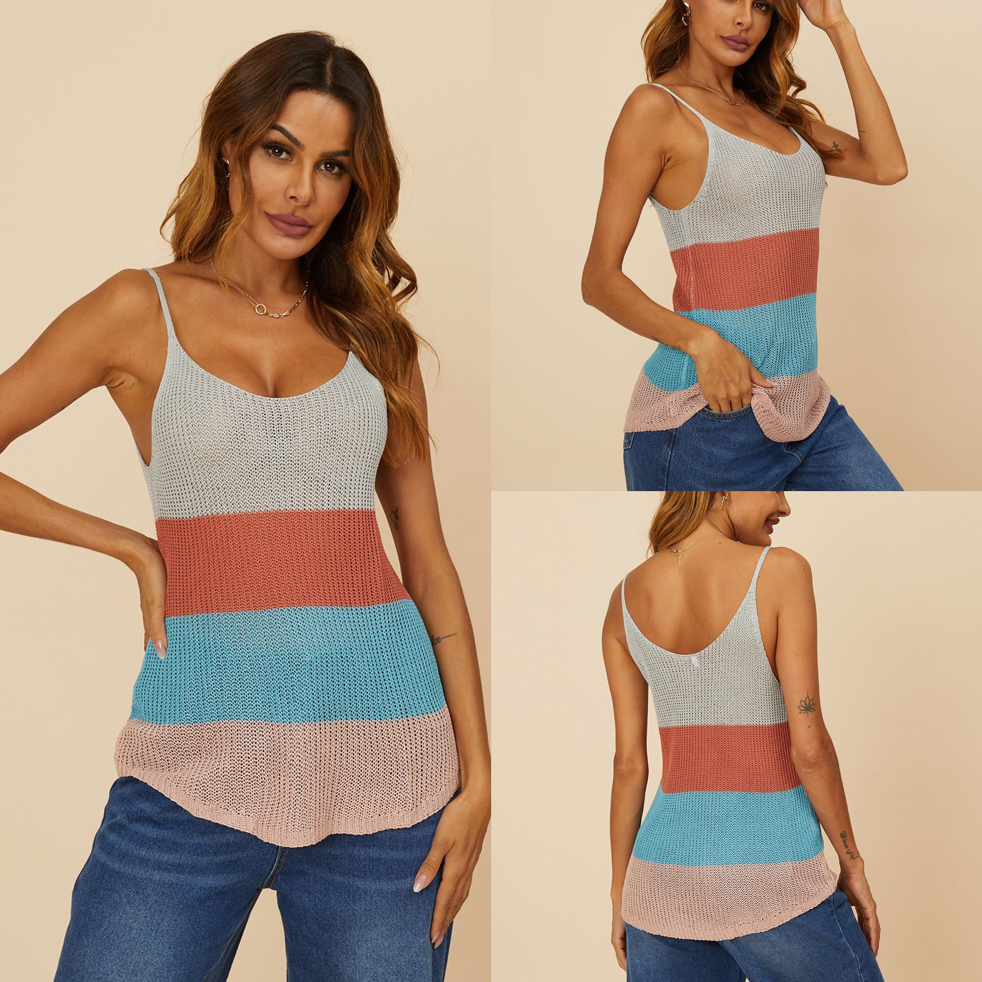 

Sweet Stripes Print V-neck Tank Tops