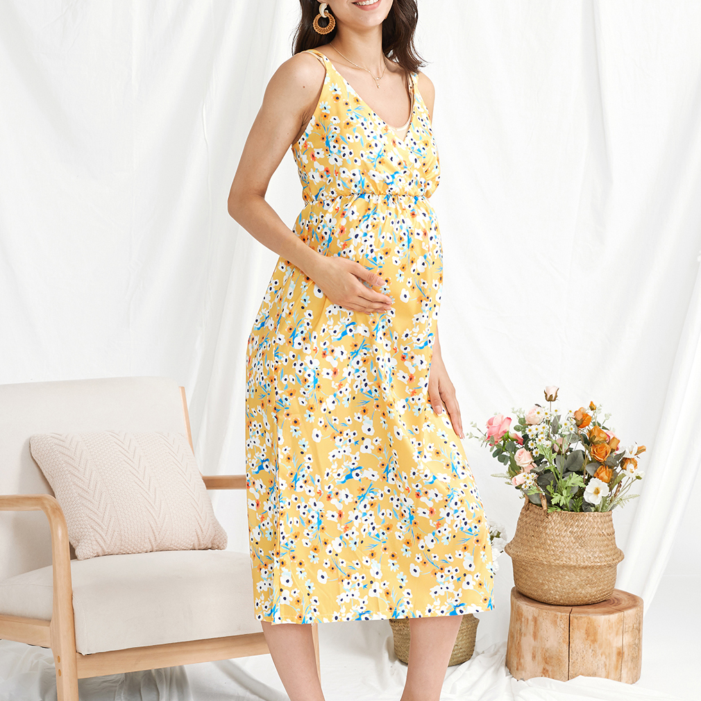 

Maternity Vacation Print Deep V Neck Sleeveless Dress