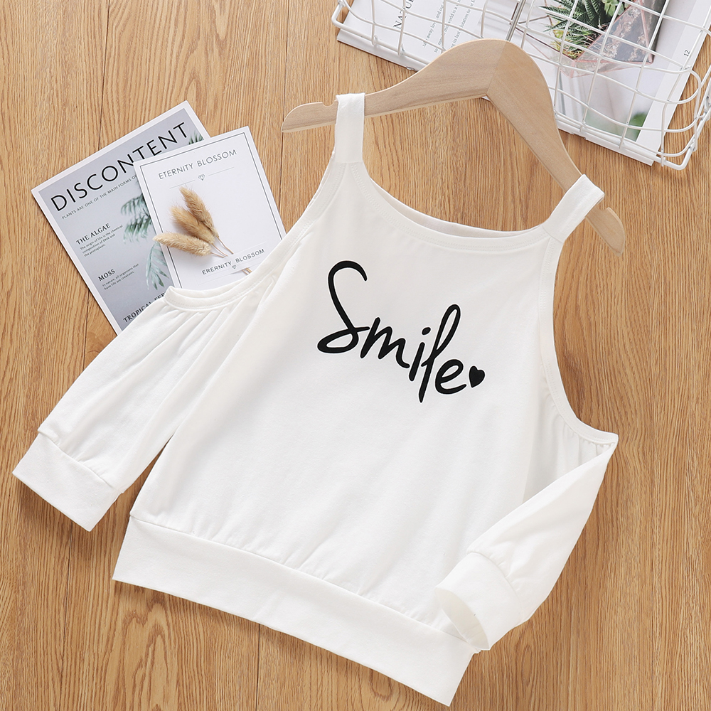 

Toddler Girl Letter Heart Print Cold Shoulder Strappy White Top