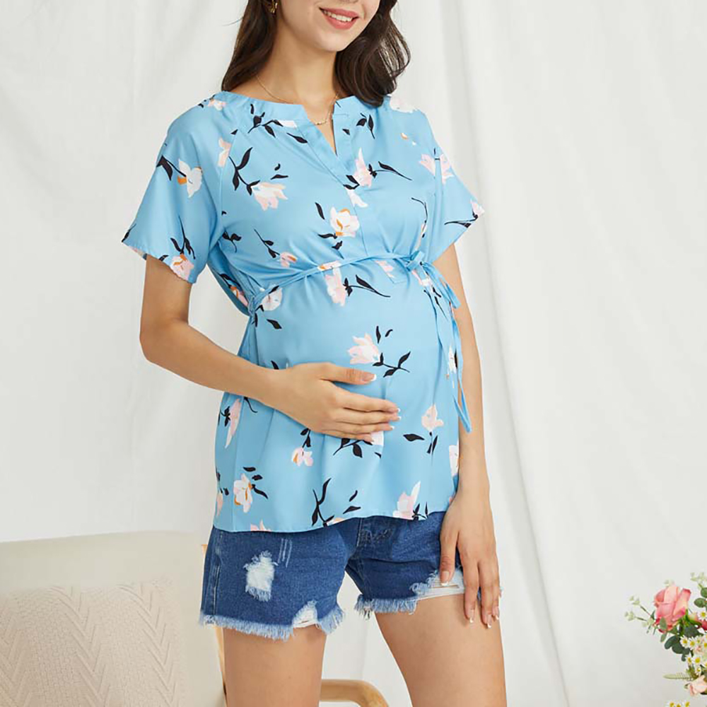 

Maternity Vacation Floral Print Round collar Short Sleeve Shirt