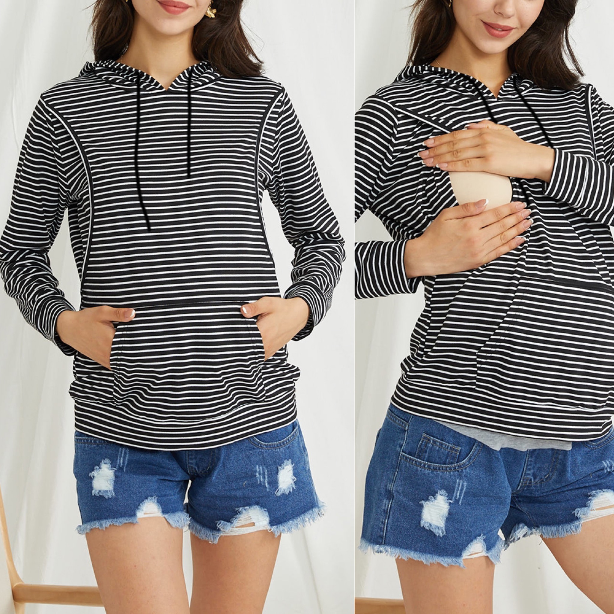 

Nursing casual Stripes Geometric Print Hooded long sleeve Nursing Hoodie