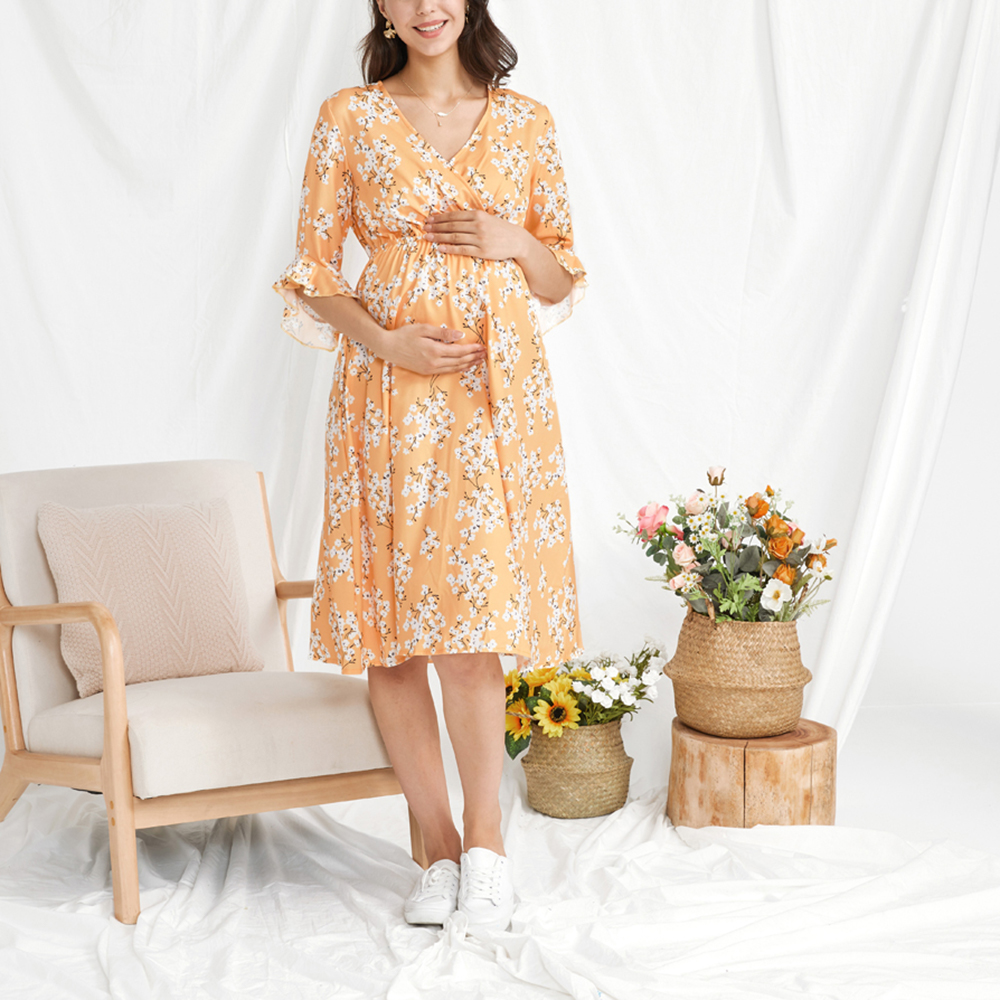 

Nursing elegant Floral Print V-neck X Long-sleeve Nursing Dress