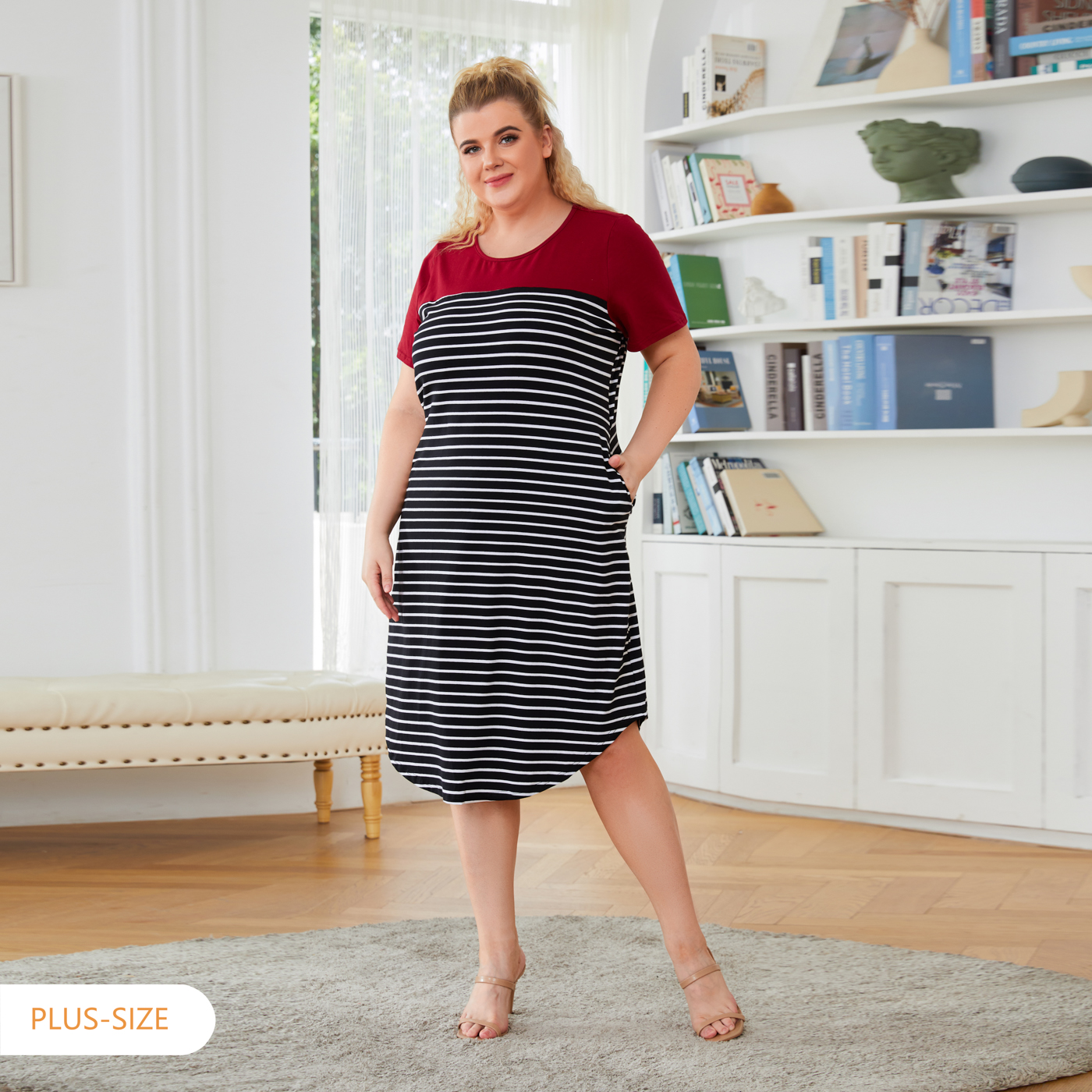 

Stripe Print Short-sleeve Matching Crimson Midi Plus Size Dresses