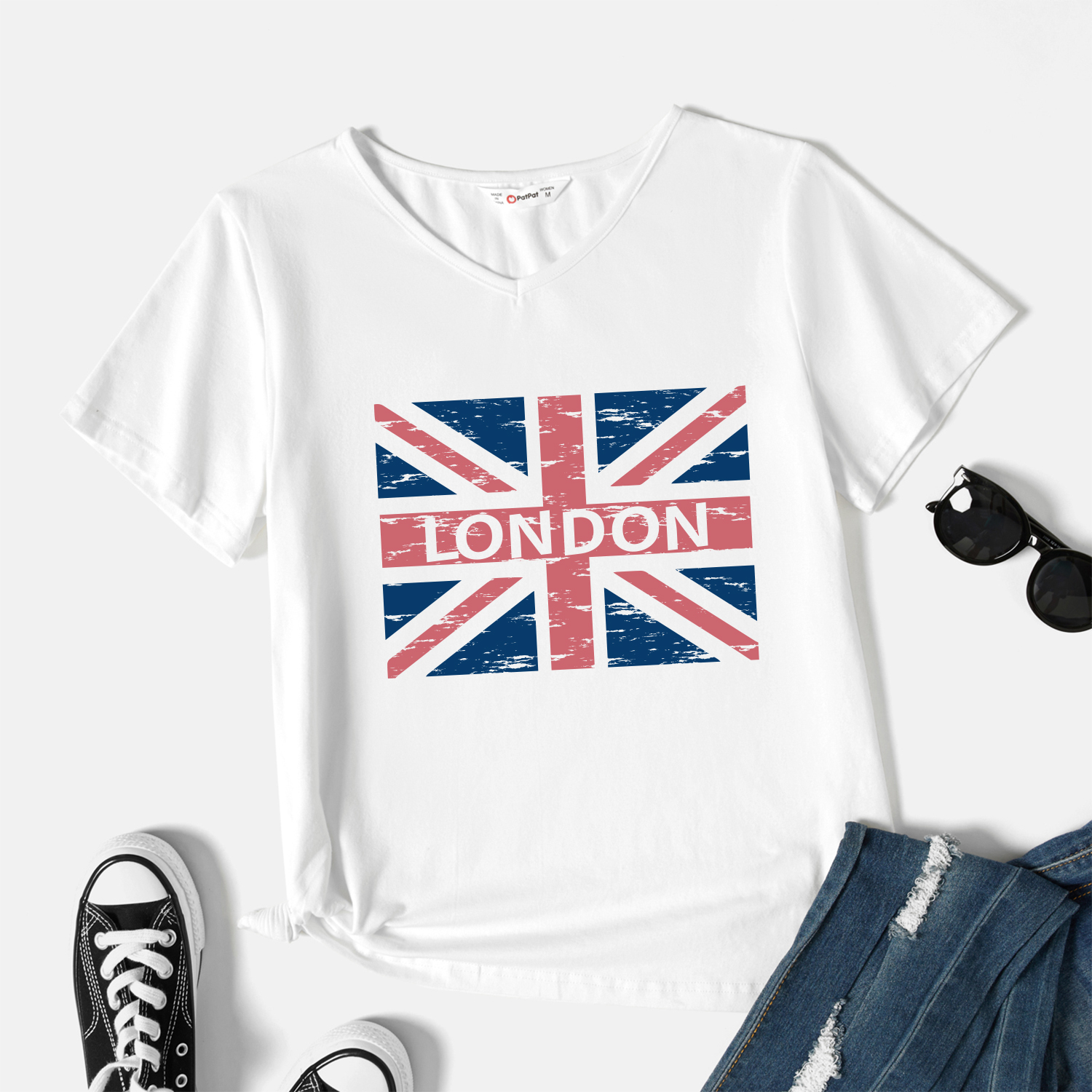

Graphic White Short-sleeve V Neck Tee for Women