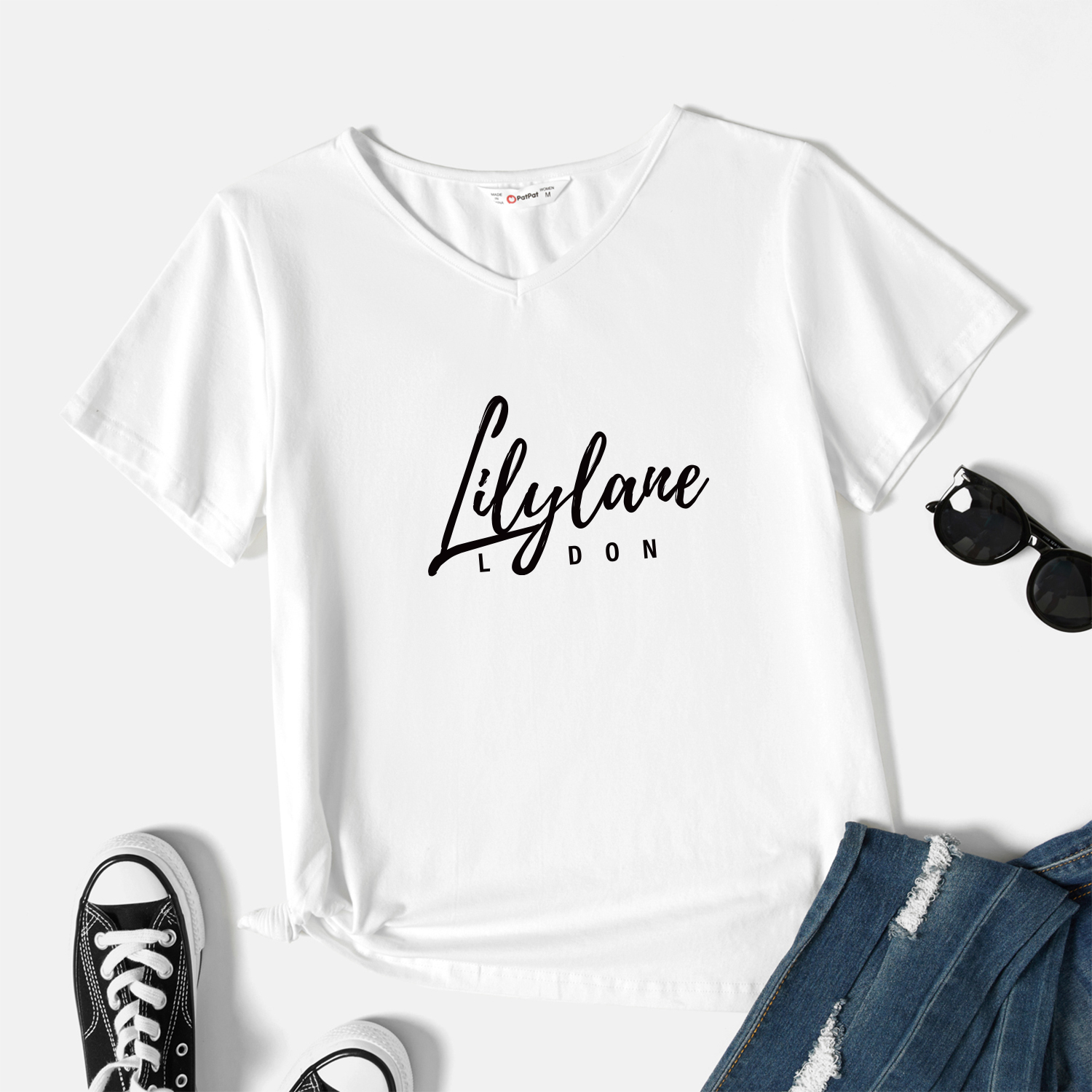 

Graphic White Short-sleeve V Neck Tee for Women