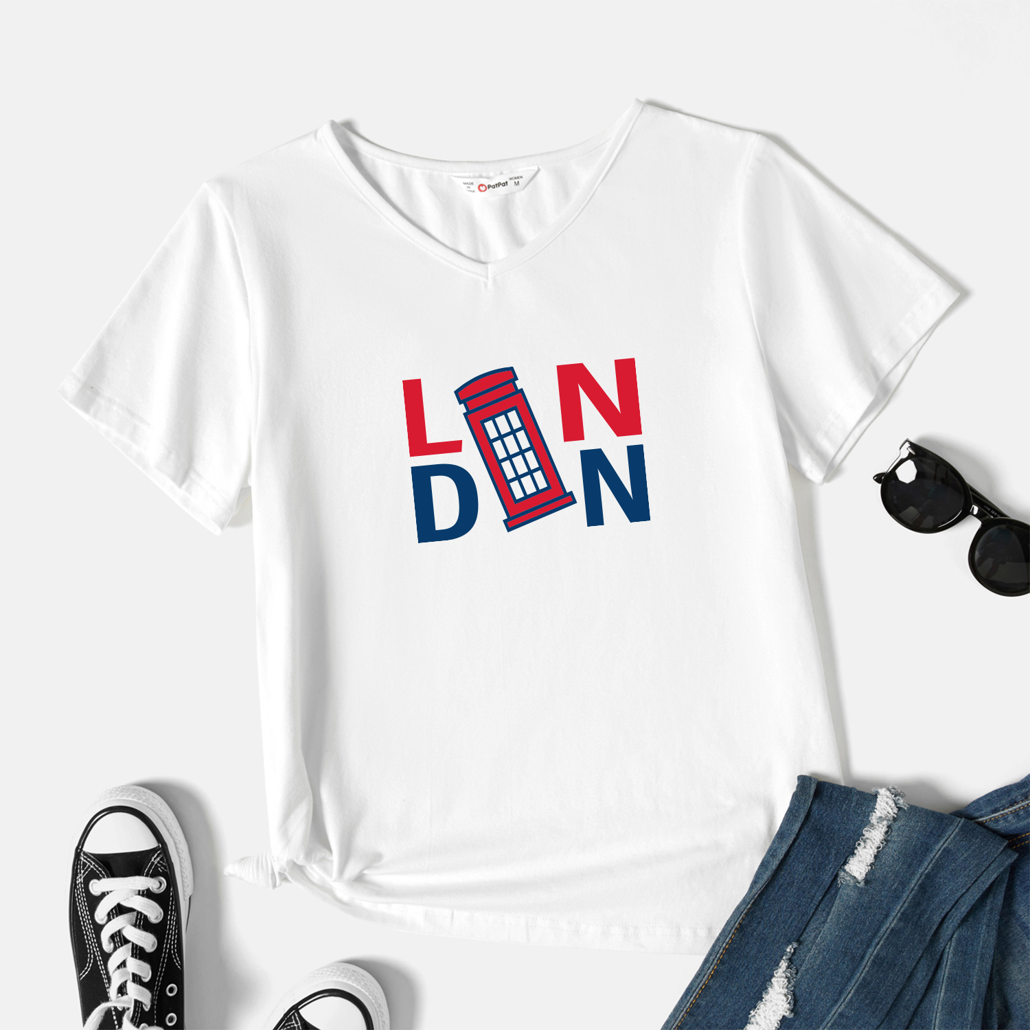 

Graphic White Short-sleeve V Neck Tee for Women