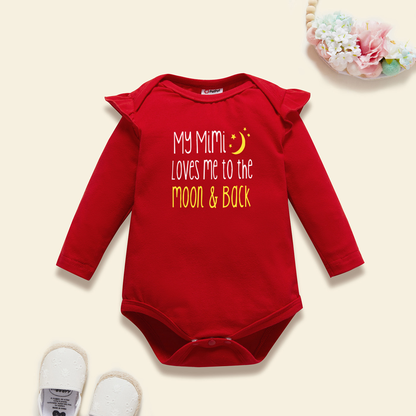 

Baby Graphic Flutter-sleeve Red Long-sleeve Romper