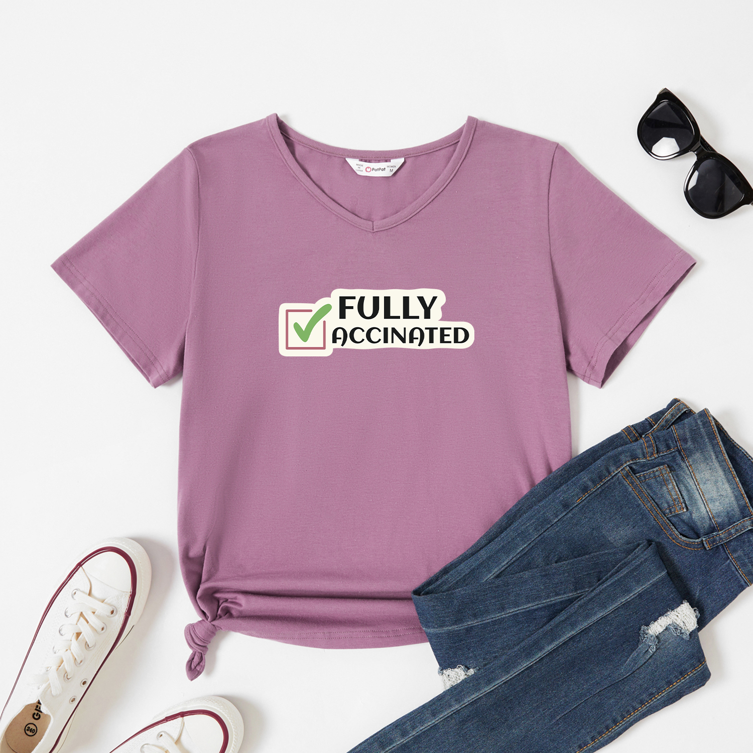 

Graphic Lavender Purple Short-sleeve V Neck Tee for Women