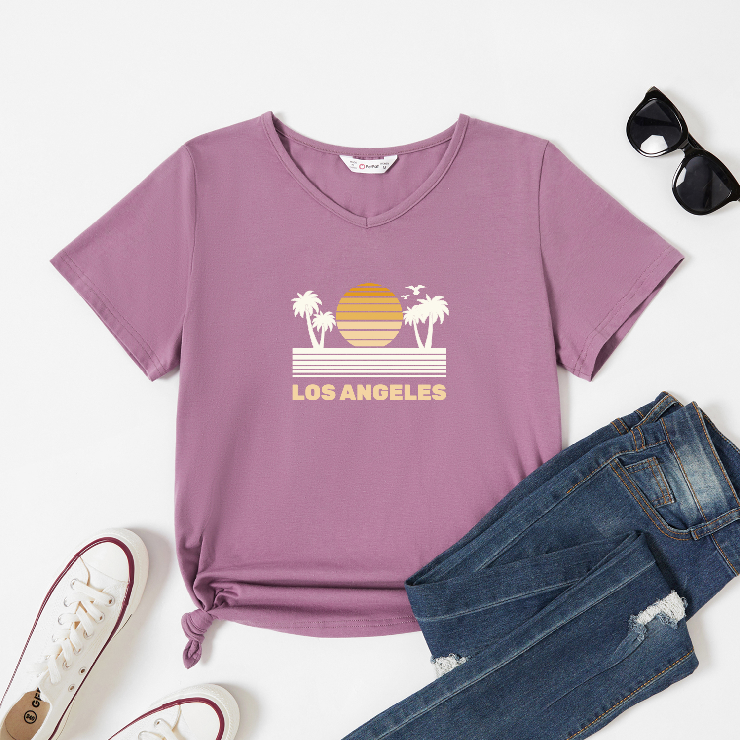 

Graphic Lavender Purple Short-sleeve V Neck Tee for Women