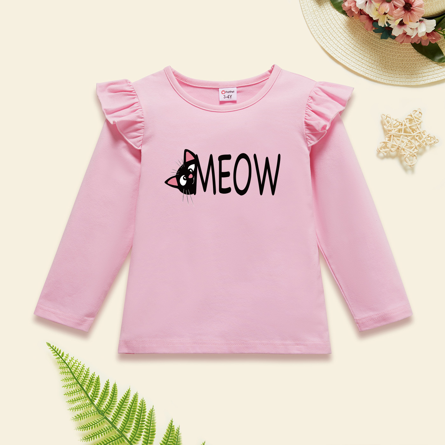 

Toddler Girl Graphic Cat and Letter Print Ruffled Long-sleeve Tee