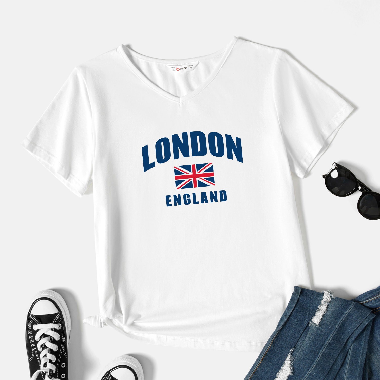 

Graphic White Short-sleeve V Neck Tee for Women