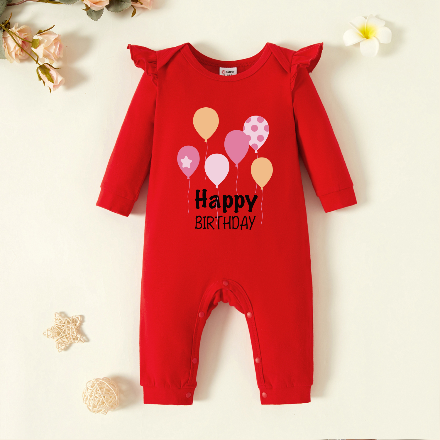 

Baby Graphic Flutter-sleeve Red Long-sleeve Jumpsuit