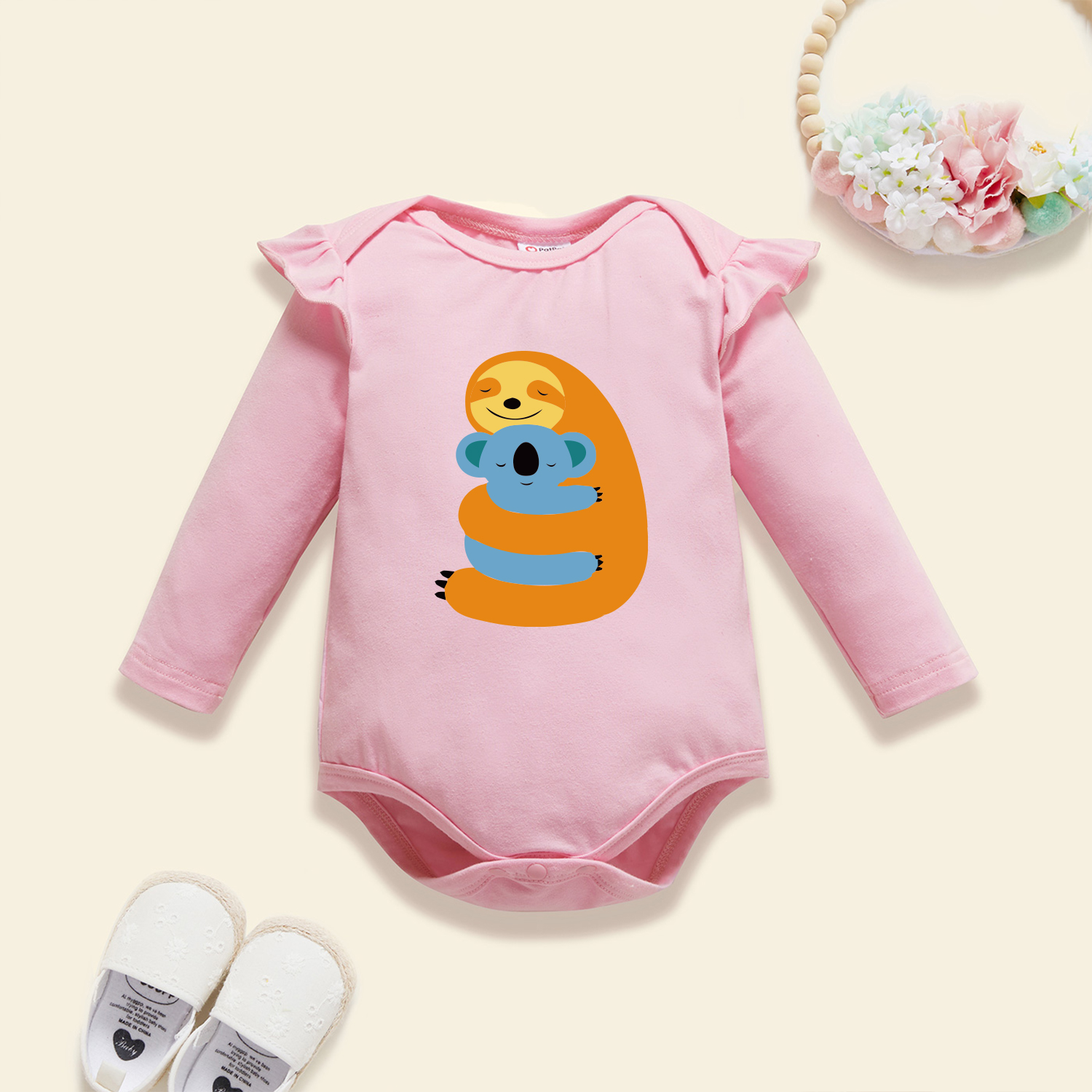 

Baby Graphic Flutter-sleeve Light pink Long-sleeve Romper