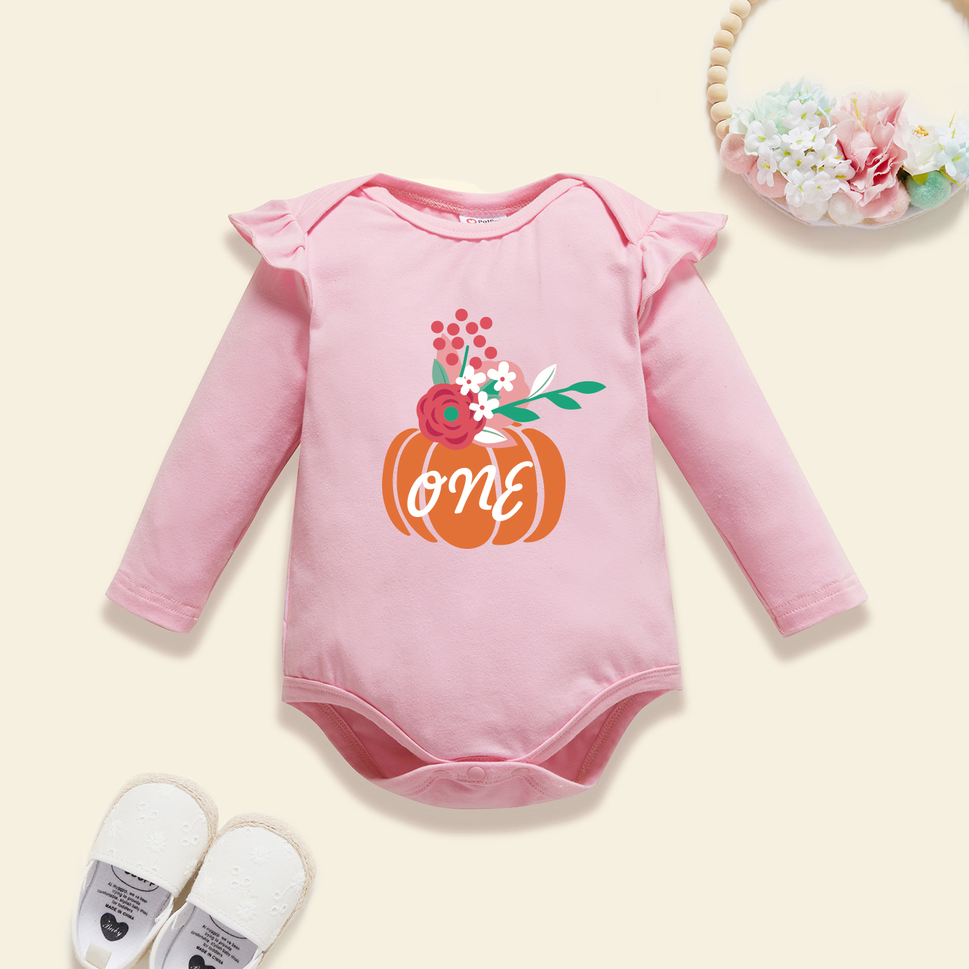 

Baby Graphic Flutter-sleeve Light pink Long-sleeve Romper