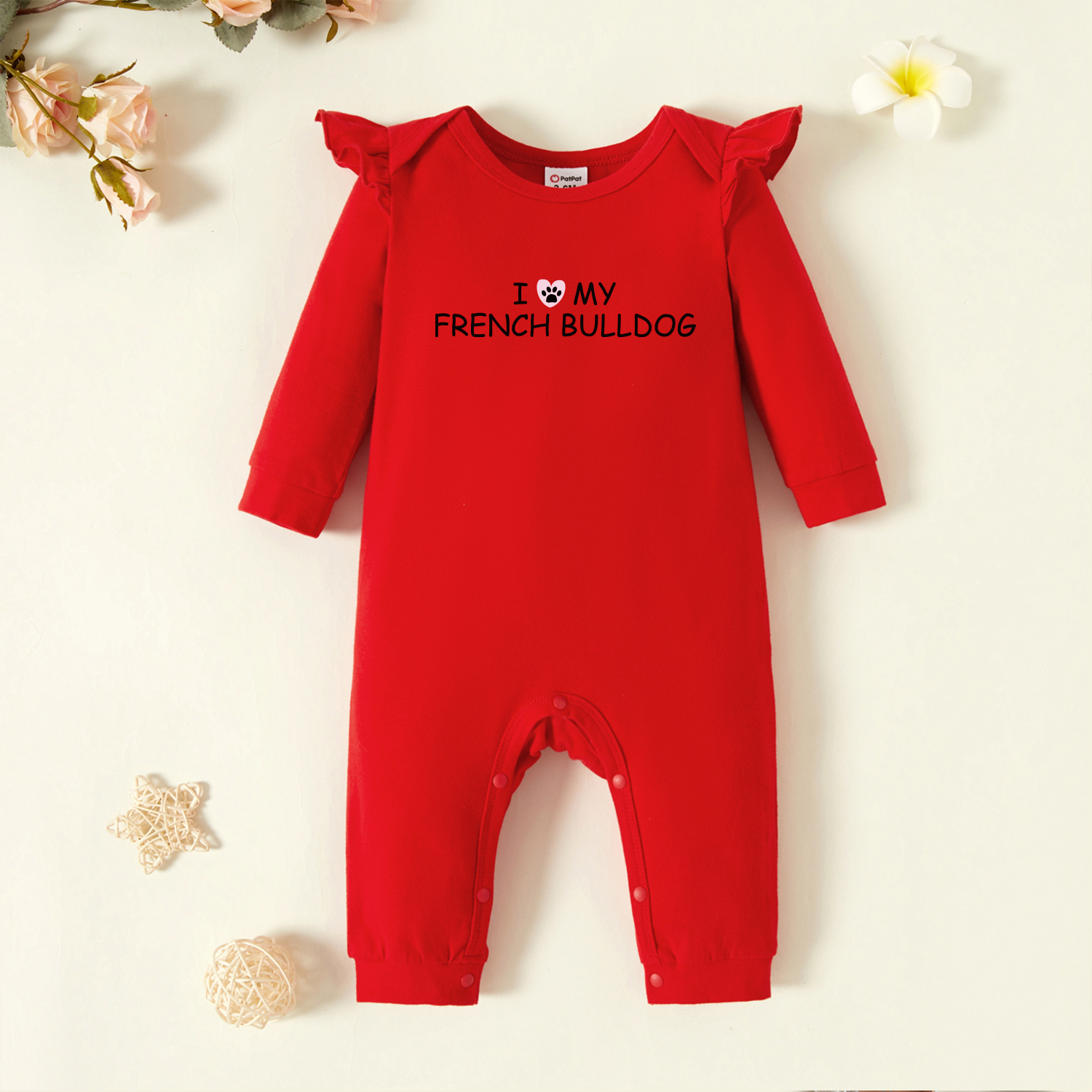 

Baby Graphic Flutter-sleeve Red Long-sleeve Jumpsuit