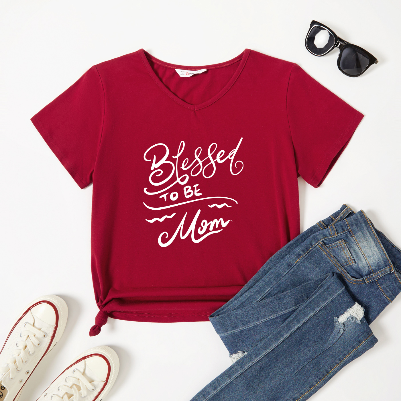 

Graphic Burgundy Short-sleeve V Neck Tee for Women