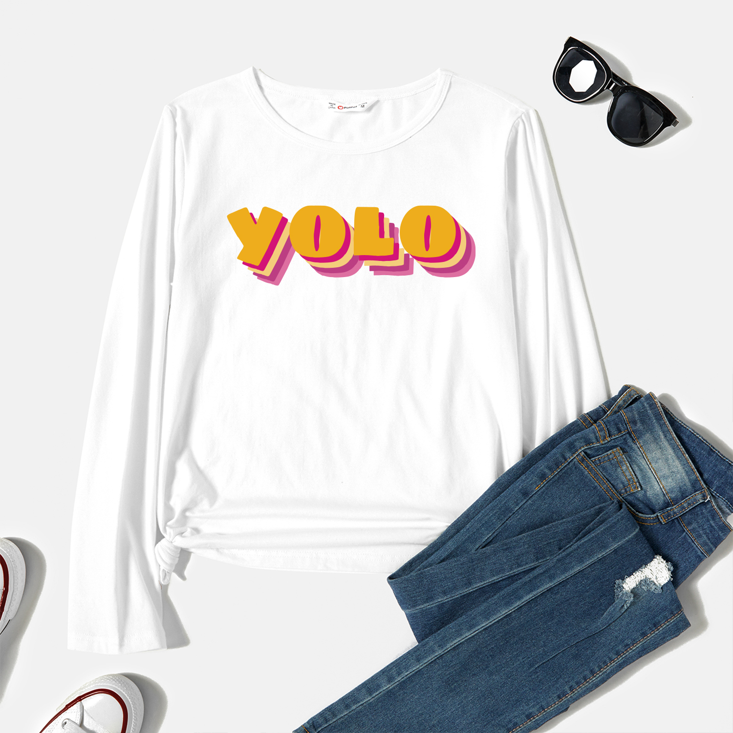 

Graphic White Long-sleeve Round-collar Tee for Women
