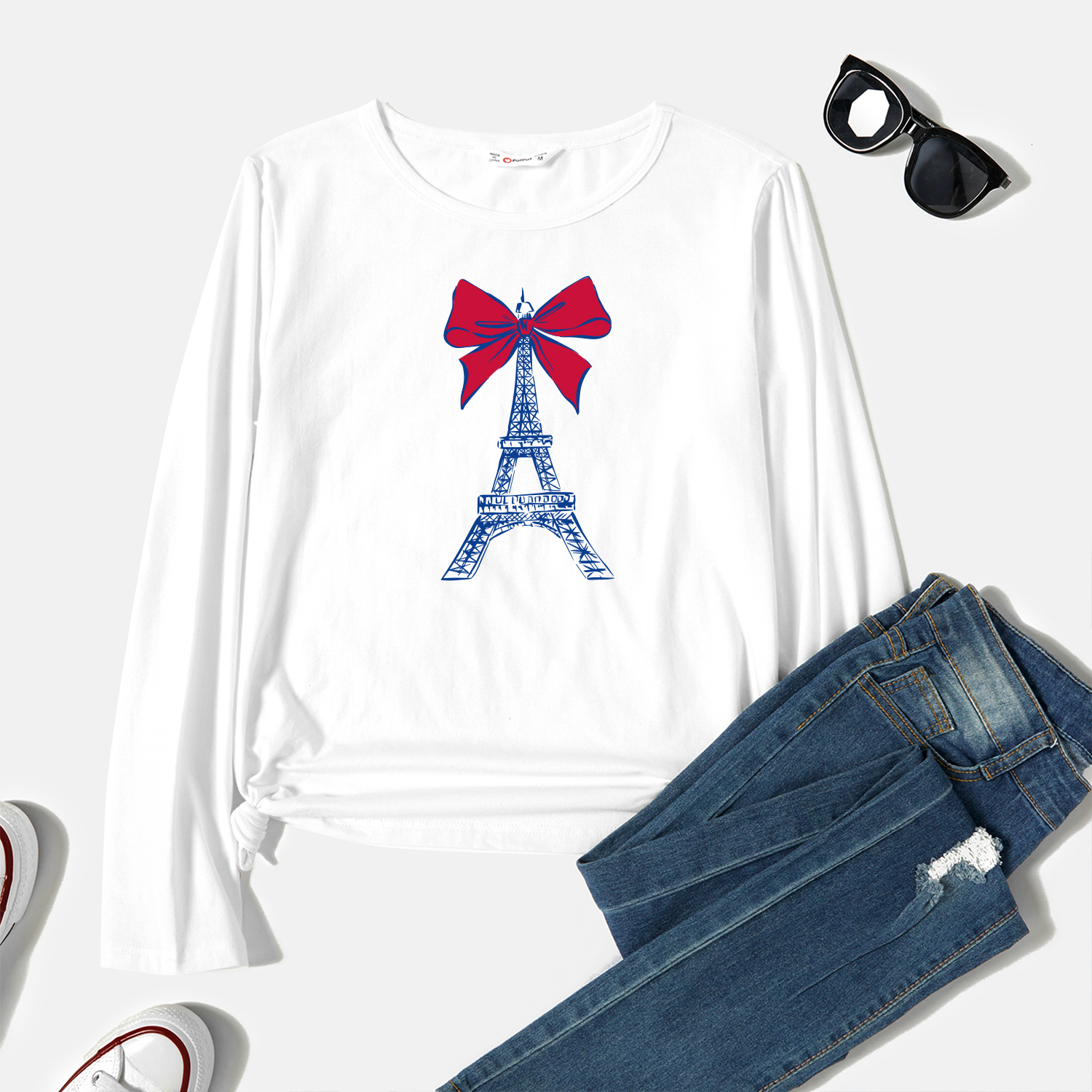 

Graphic White Long-sleeve Round-collar Tee for Women