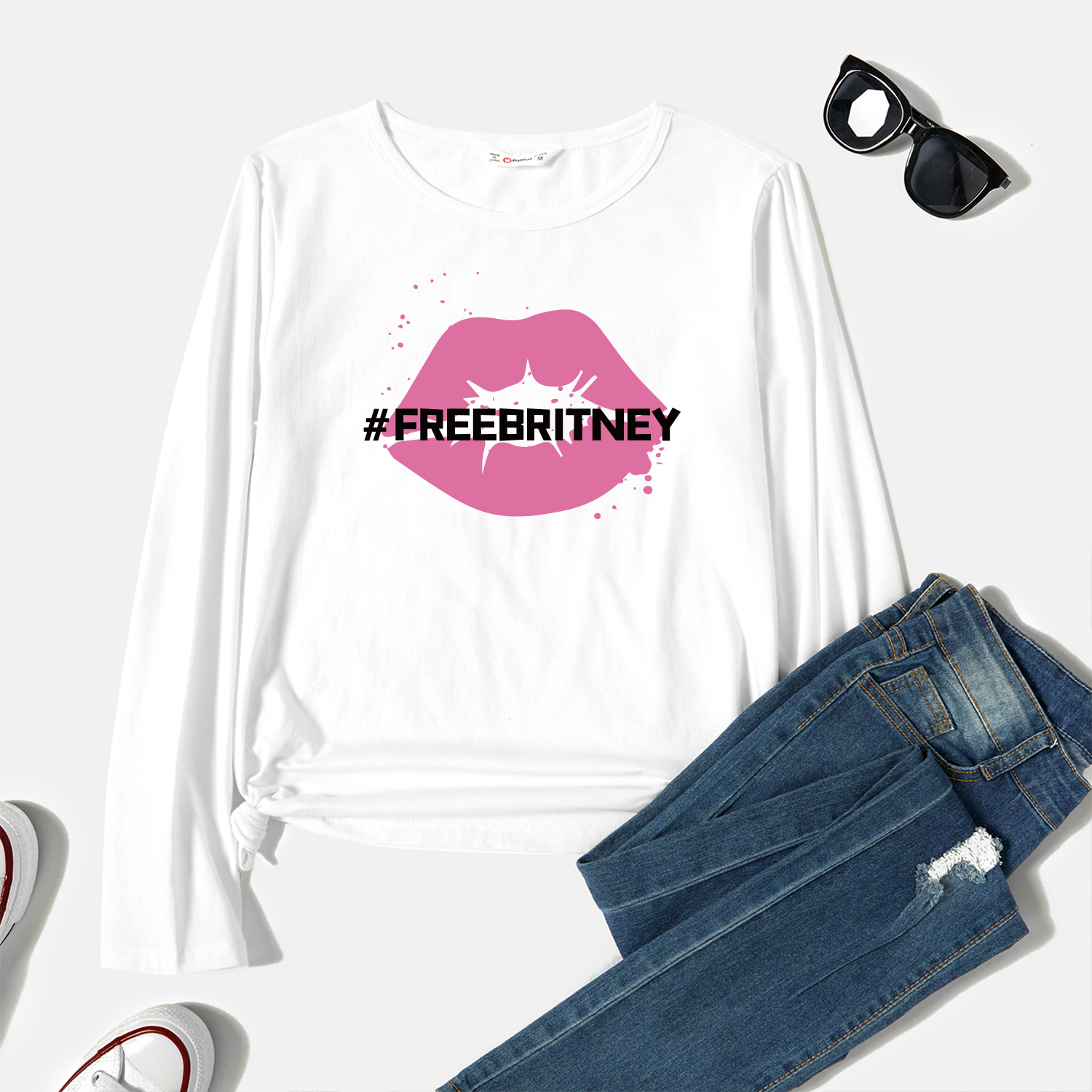 

Graphic White Long-sleeve Round-collar Tee for Women