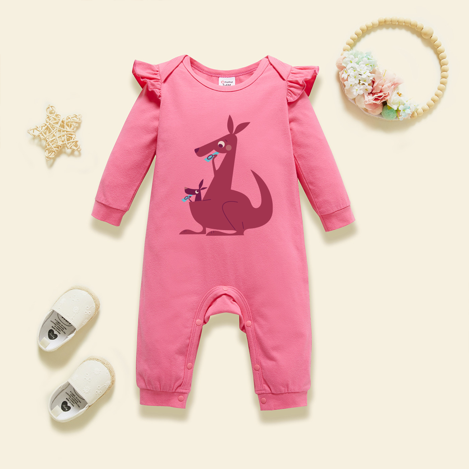 

Baby Graphic Flutter-sleeve Deep pink Long-sleeve Jumpsuit