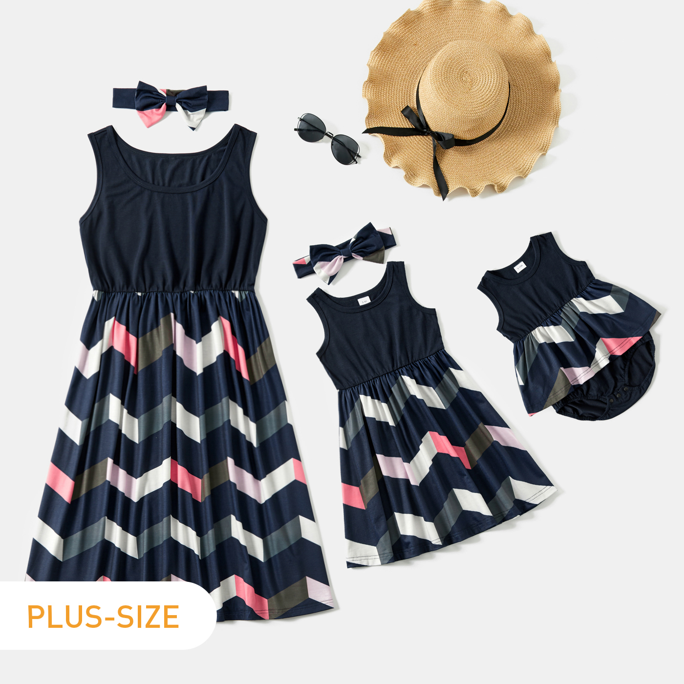 

Wave Stripe Print Midi Tank Dresses(Mom and Girl's Dresses with Headband)