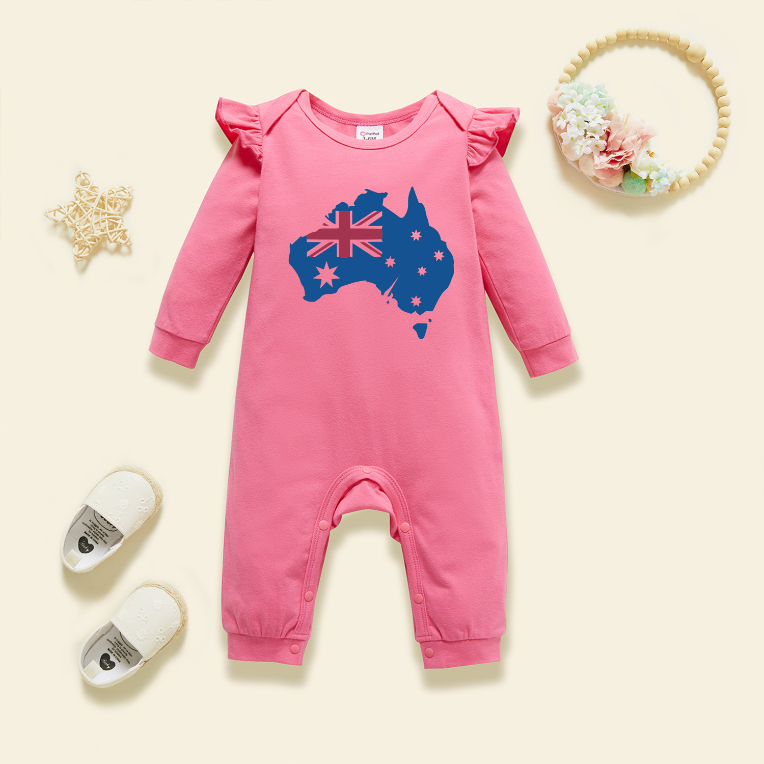 

Baby Graphic Flutter-sleeve Deep pink Long-sleeve Jumpsuit