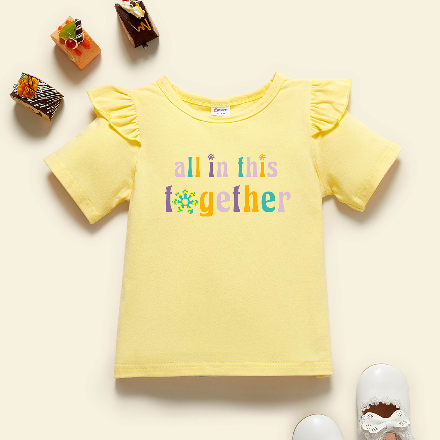 

Toddler Graphic Flutter-sleeve Beige Short-sleeve Tee