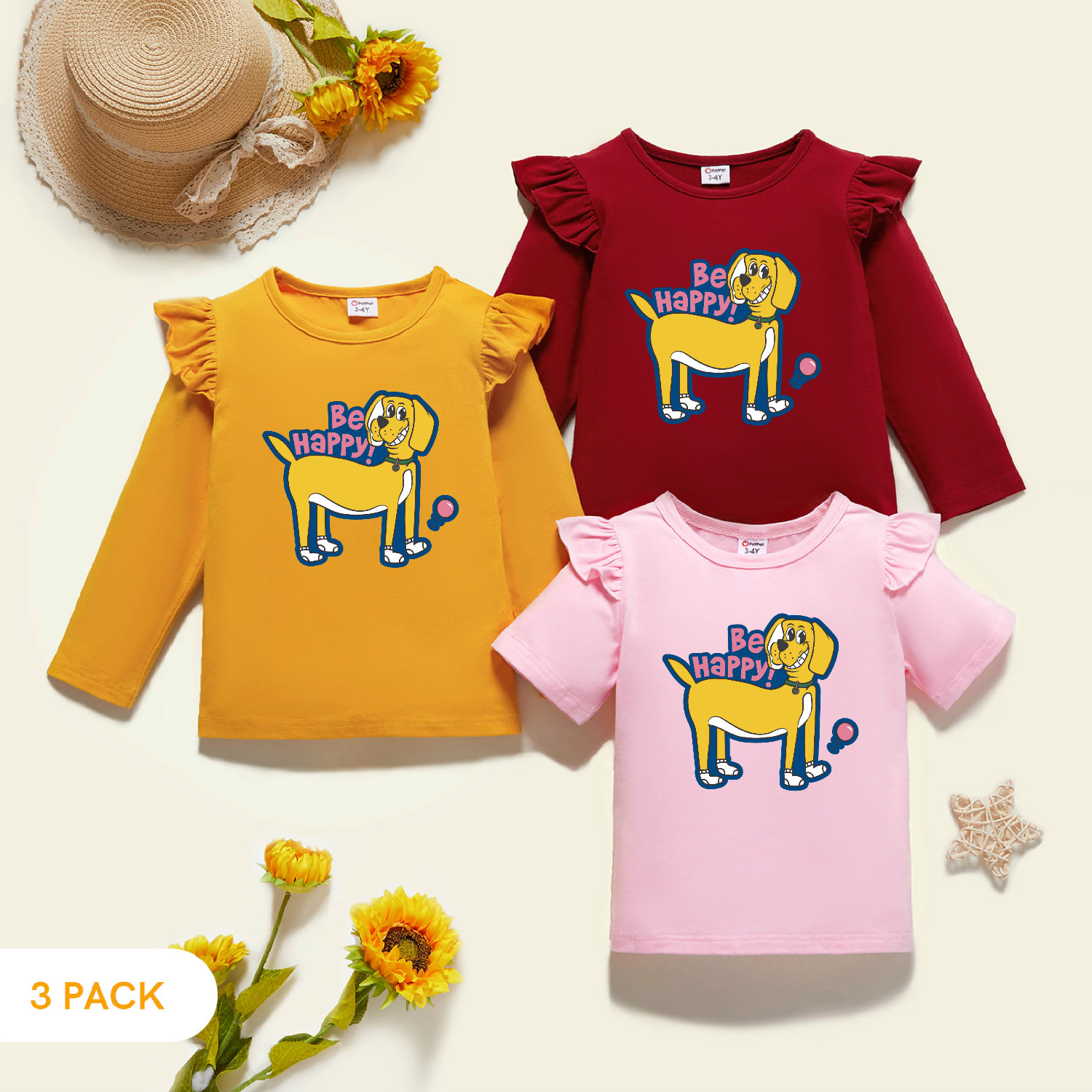 

3-Pack Toddler Girl Graphic Flutter-sleeve Tee Set