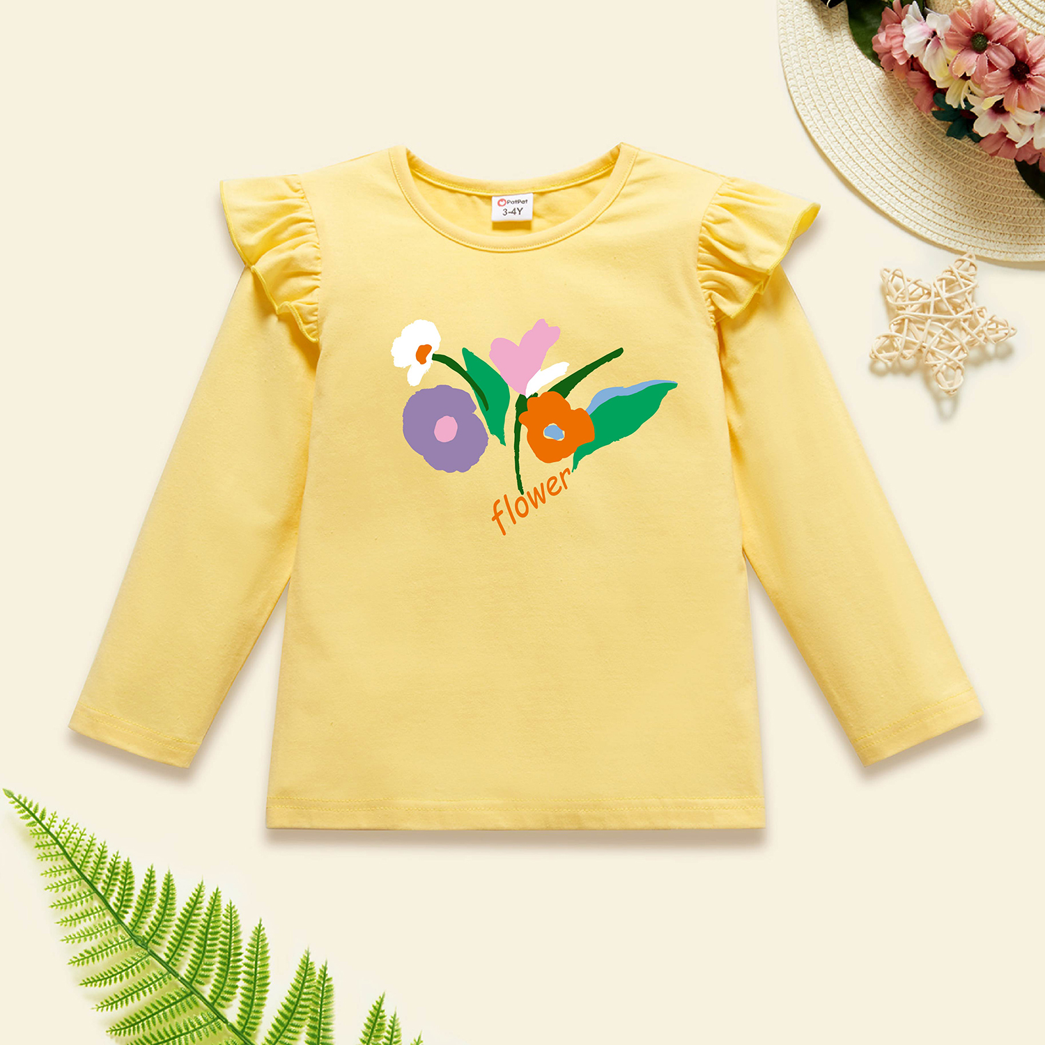 

Toddler Graphic Flutter-sleeve Beige Long-sleeve Tee