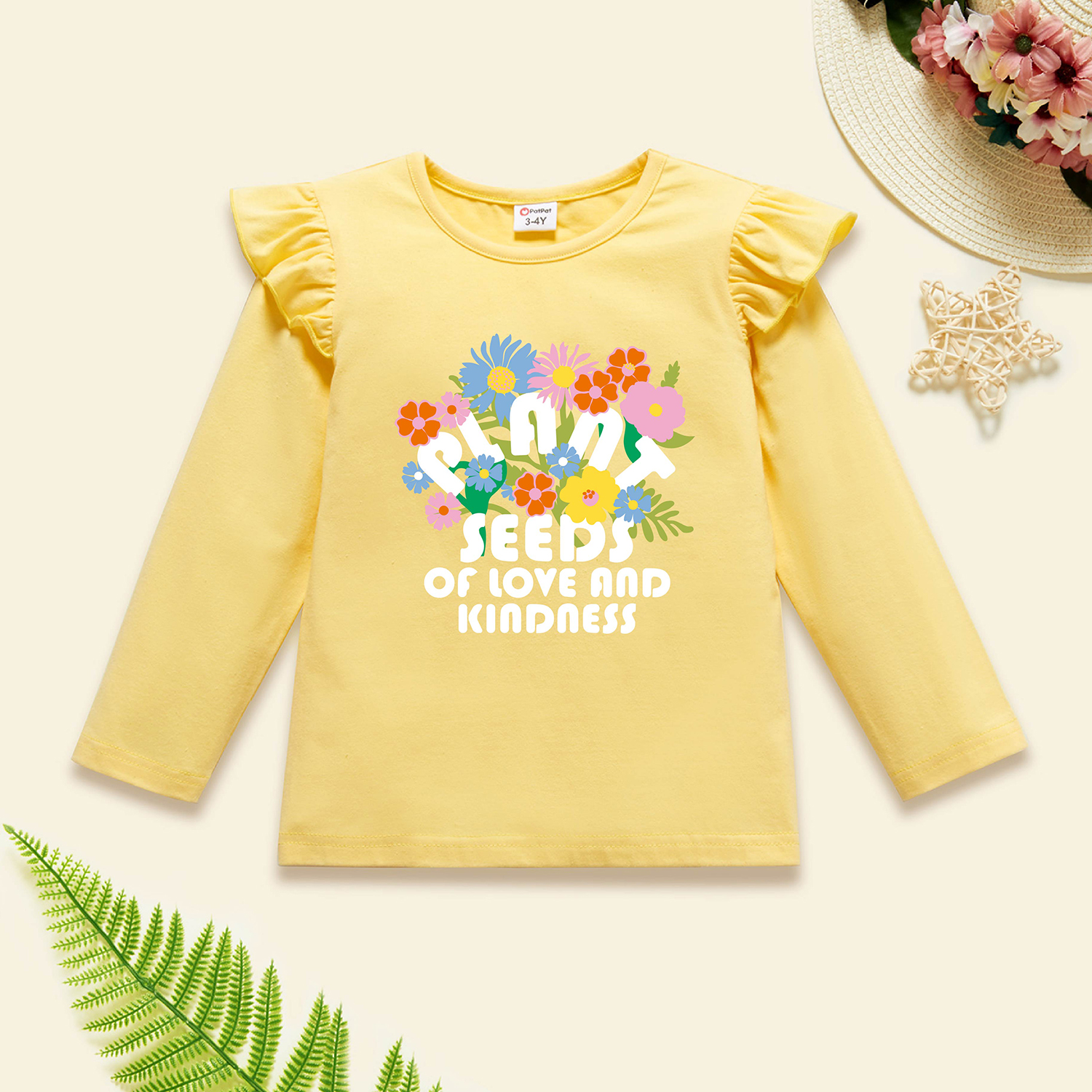 

Toddler Graphic Flutter-sleeve Beige Long-sleeve Tee