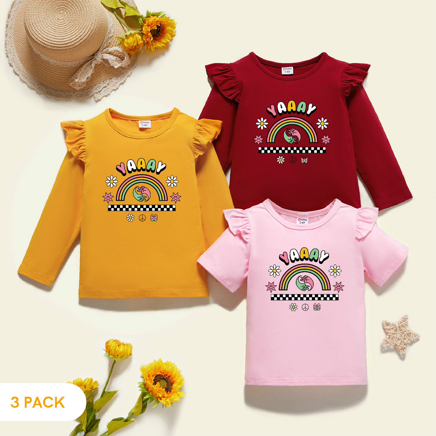 

3-Pack Toddler Girl Graphic Flutter-sleeve Tee Set