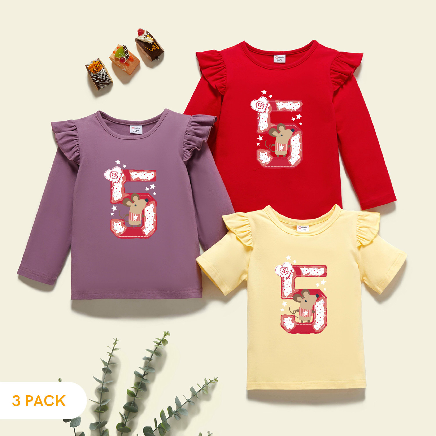 

3-Pack Toddler Girl Graphic Flutter-sleeve Tee Set