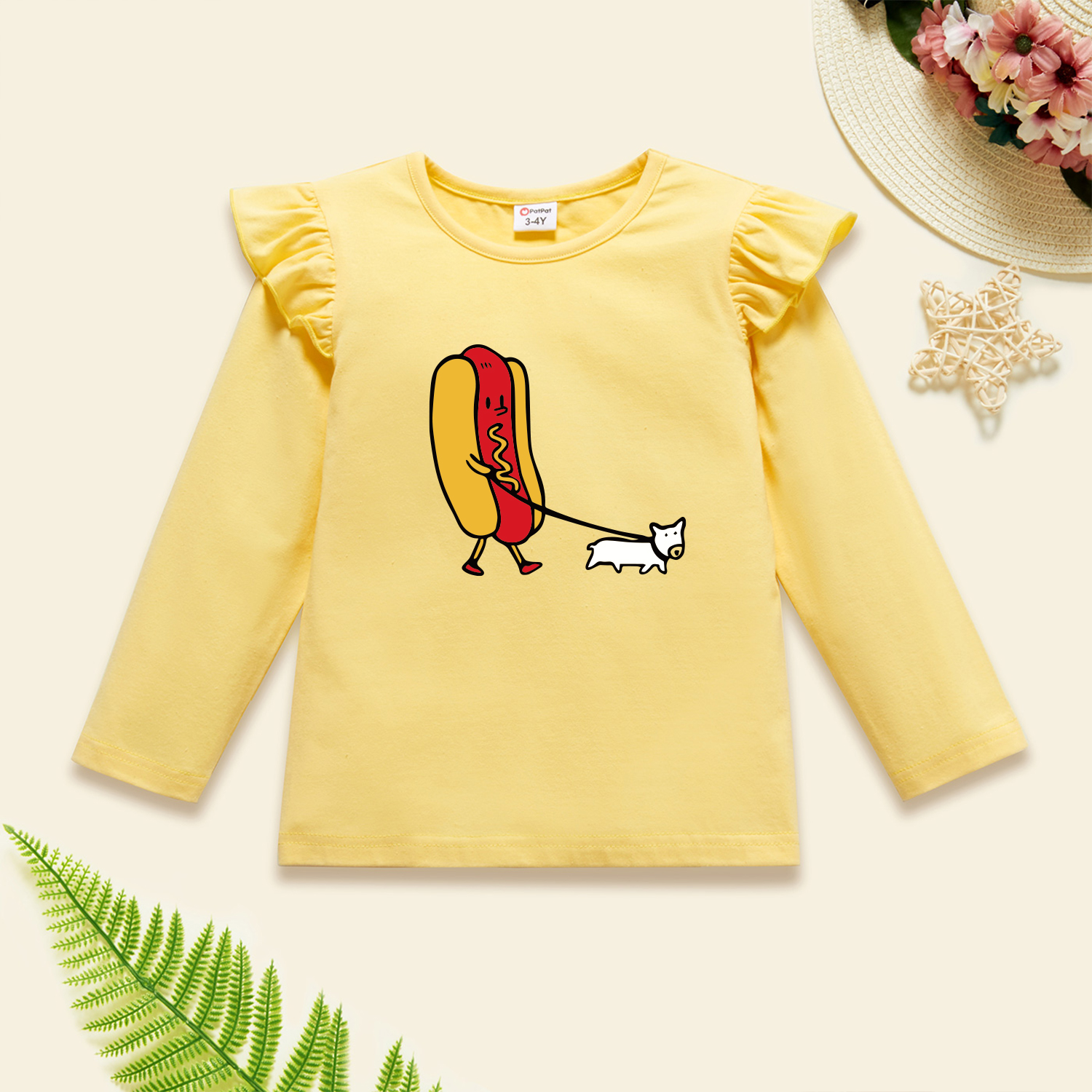 

Toddler Graphic Flutter-sleeve Beige Long-sleeve Tee