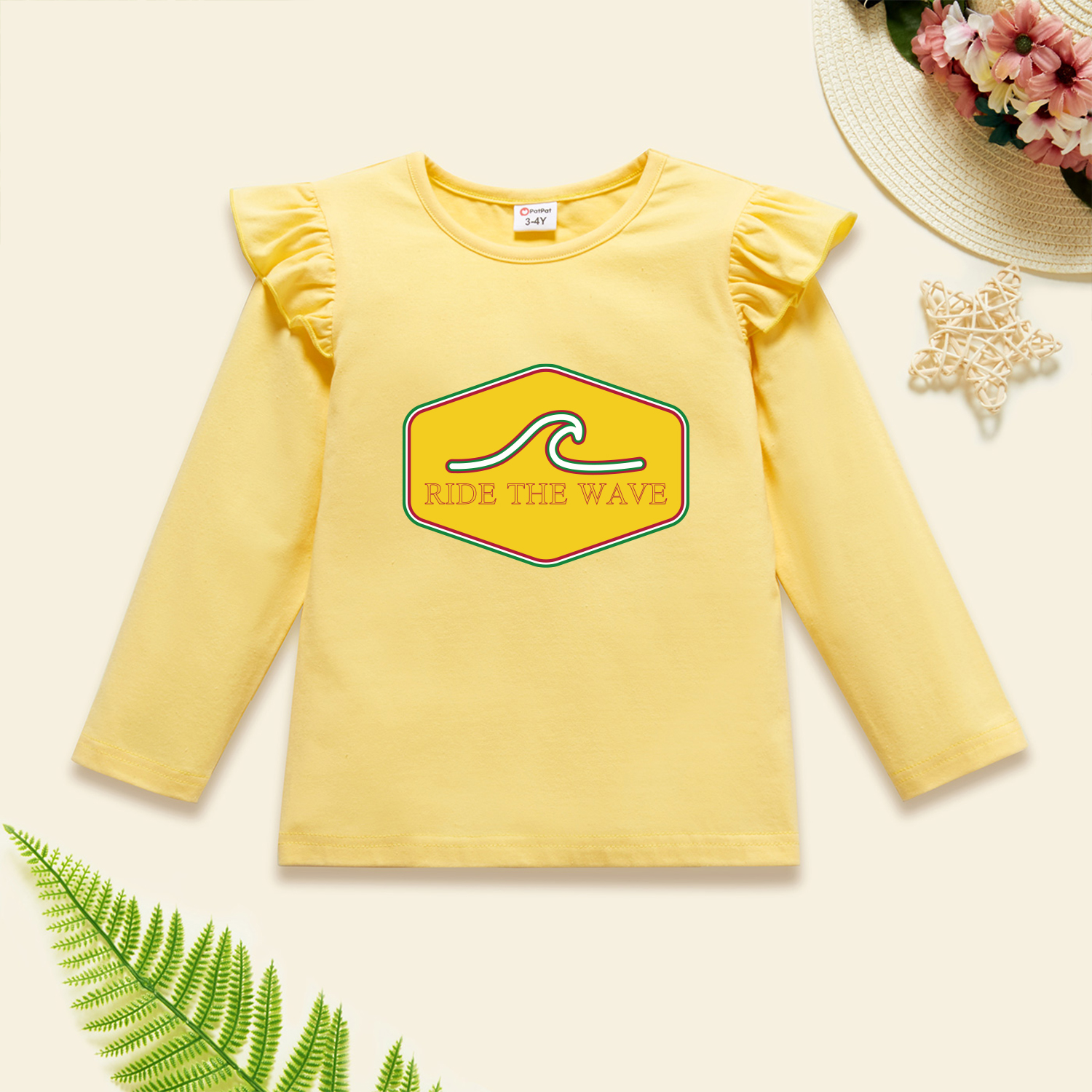 

Toddler Graphic Flutter-sleeve Beige Long-sleeve Tee